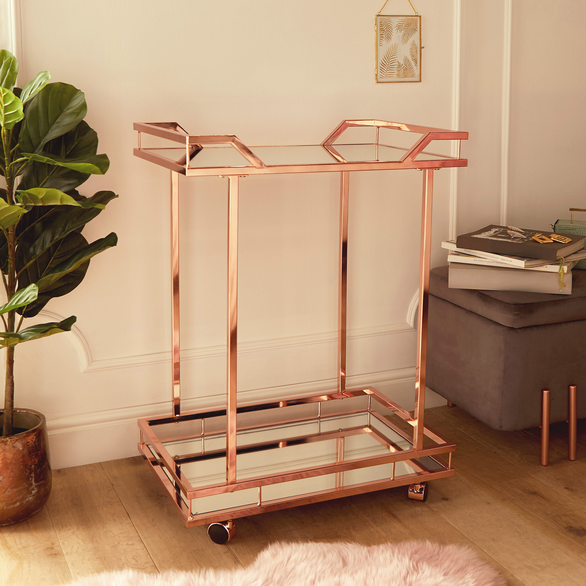 Beautify Bar Trolley Rose Gold Mirrored Drinks Trolley Bar Cart