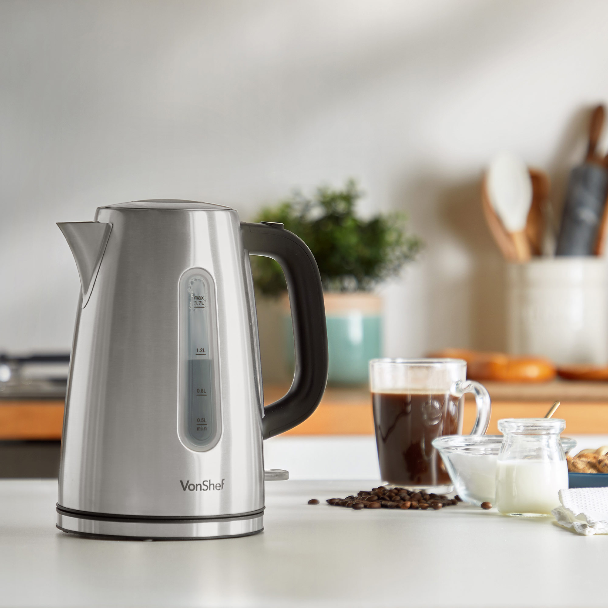 VonShef Kettle 1.7L Electric Stainless Steel Cordless Rapid Fast Boil