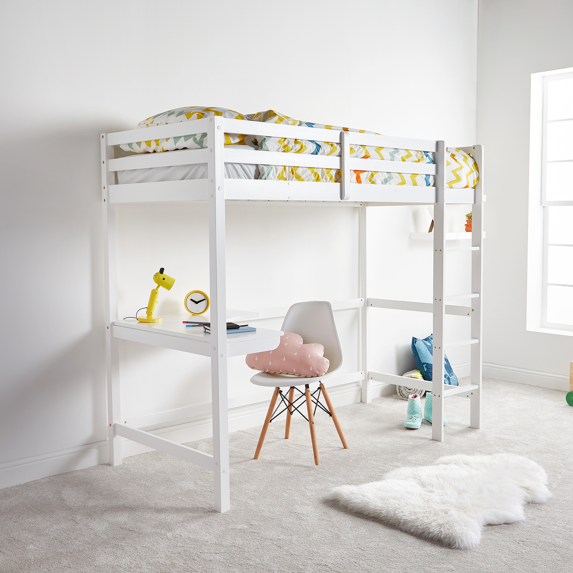VonHaus Pine Study Bunk Bed Wooden High Sleeper with Desk Student Kids