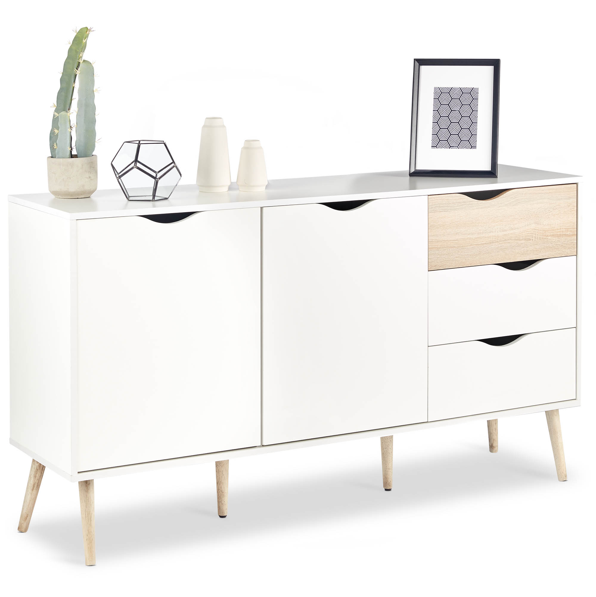 VonHaus Large Sideboard with Cupboard and Drawer combination - Scandinavian Nordic Style - White and Light Oak Effect