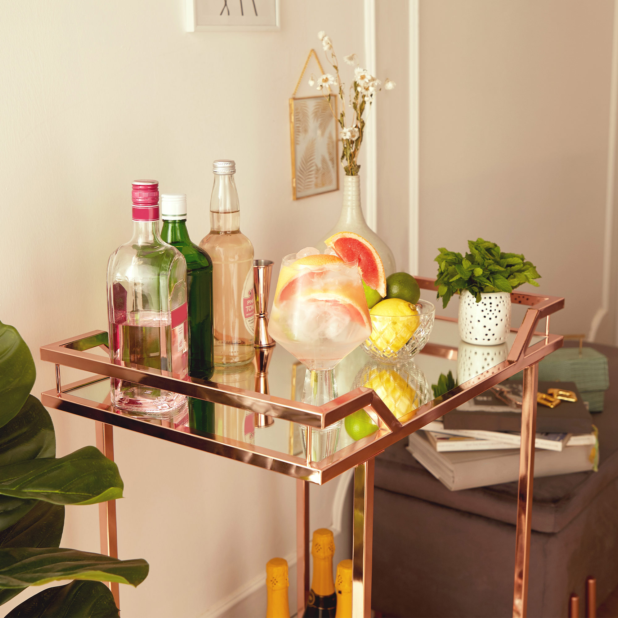 Beautify Bar Trolley Rose Gold Mirrored Drinks Trolley Bar Cart