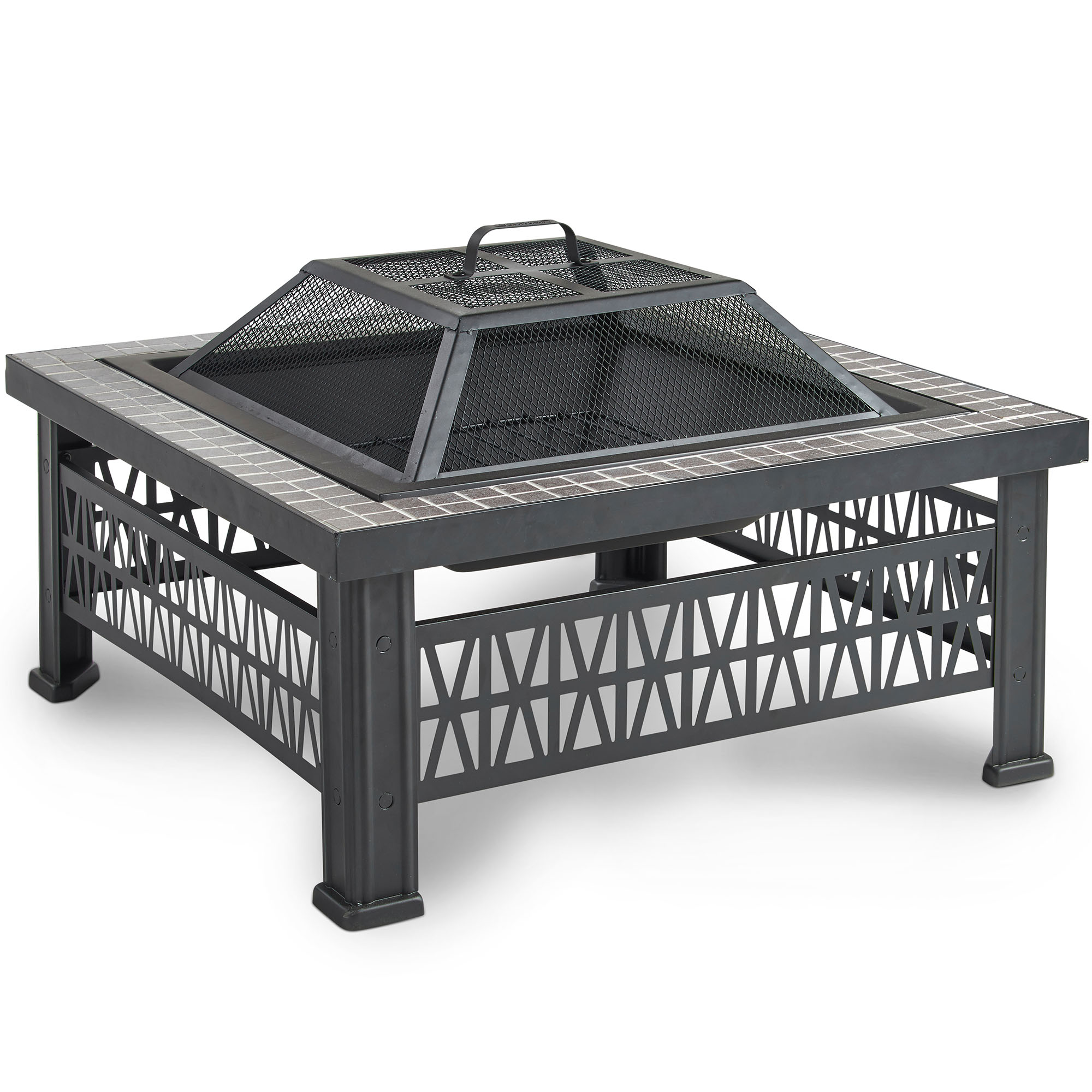 Vonhaus Square Fire Pit Tiled Top Geometric Details Mesh