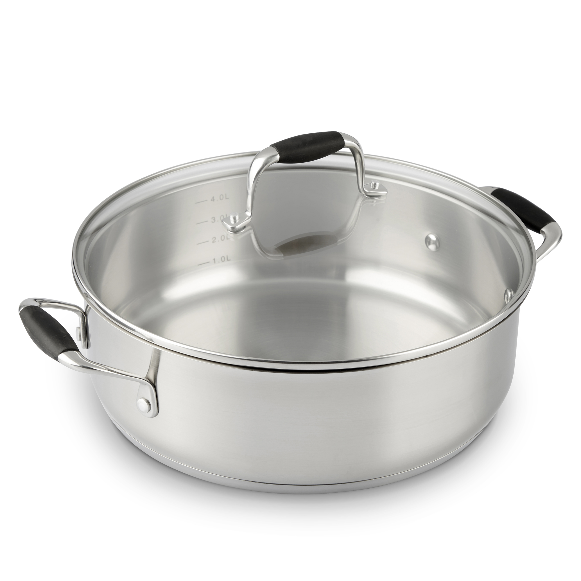 VonShef 28cm Shallow Casserole Dish Stainless Steel Pan Stock Pot Glass