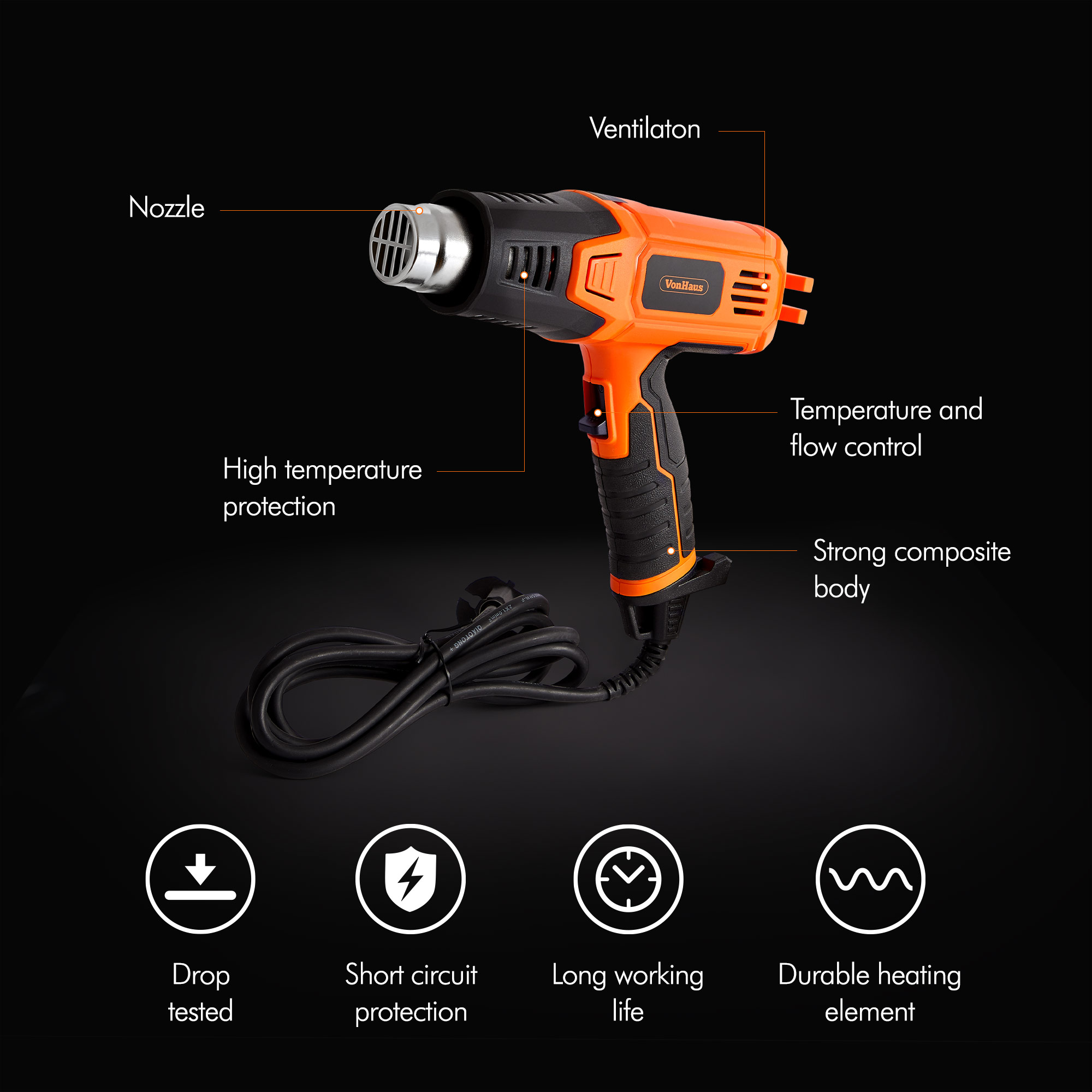 VonHaus Heat Gun 2000W Remove Paint, Varnish, Shape Plastic Tubing