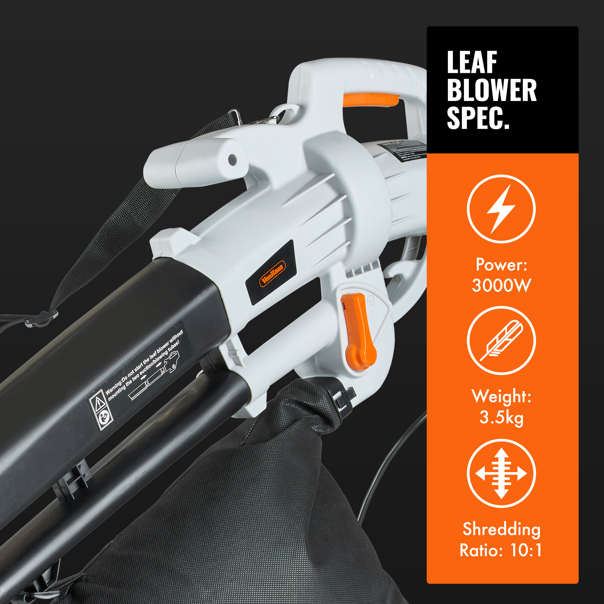 VonHaus 3000W Leaf Blower 3in1 Blows, Vacuums and Mulches Leaves