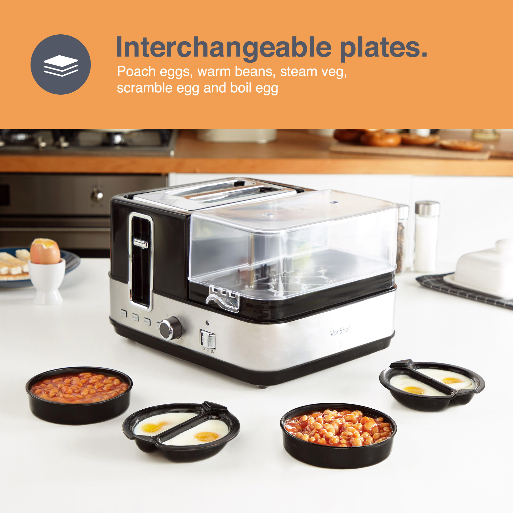 VonShef Egg Boiler & Toaster Poacher Steamer 2 in 1 Multi Cooker
