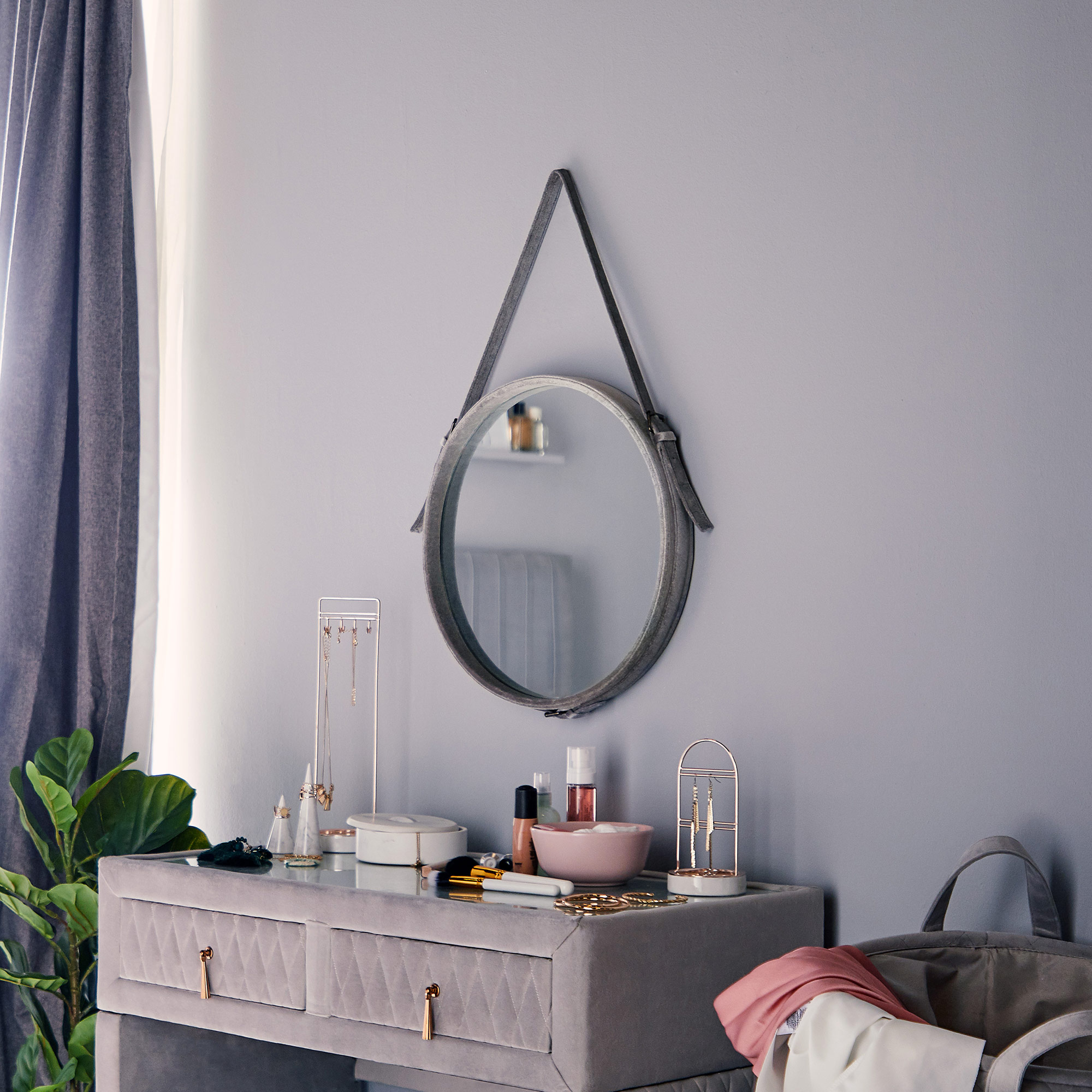 Beautify Grey Wall Hanging Hallway Mirror Round Decorative Velvet Strap