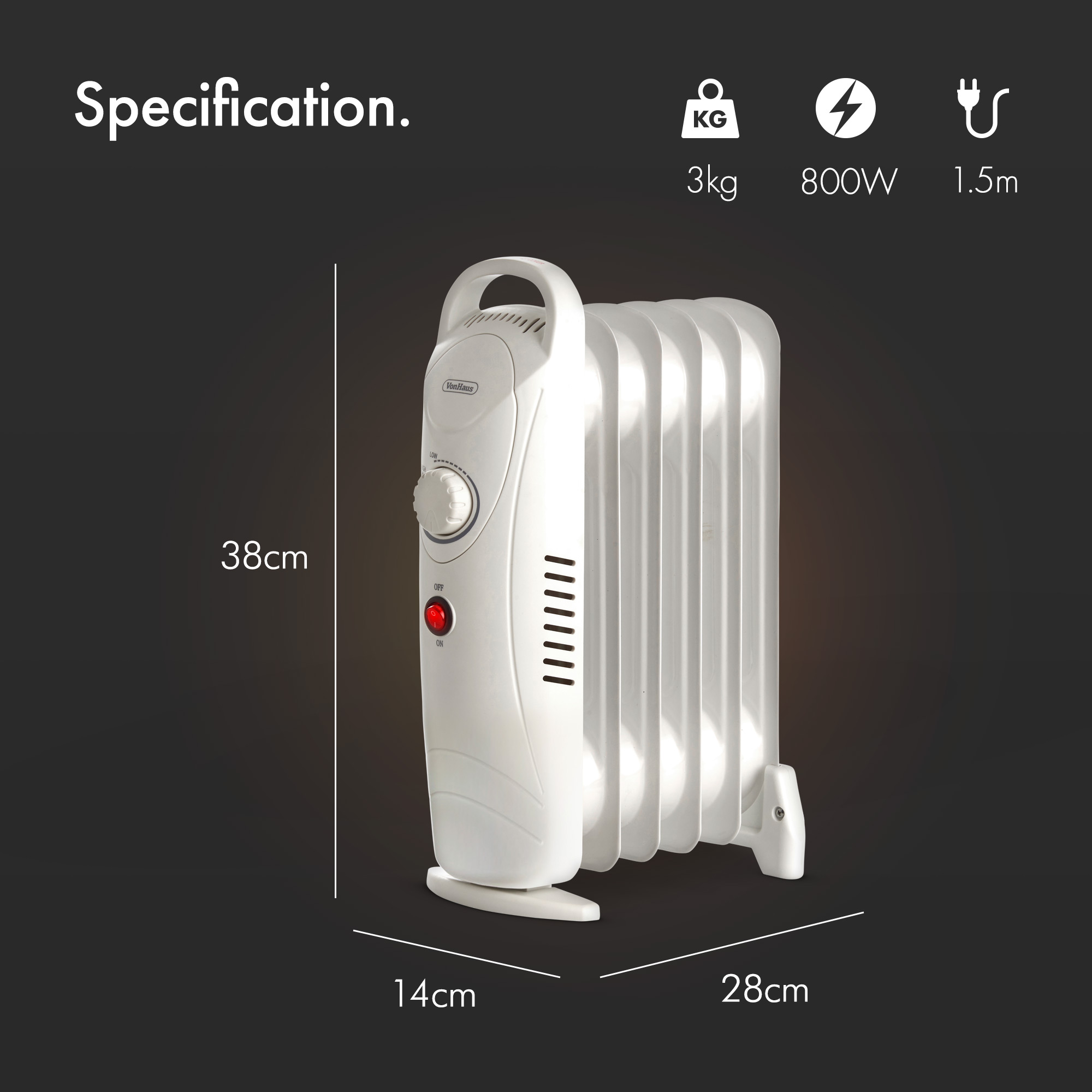 VonHaus Mini Oil Filled Radiator - 800W 6 fin Portable Electric Heater ...