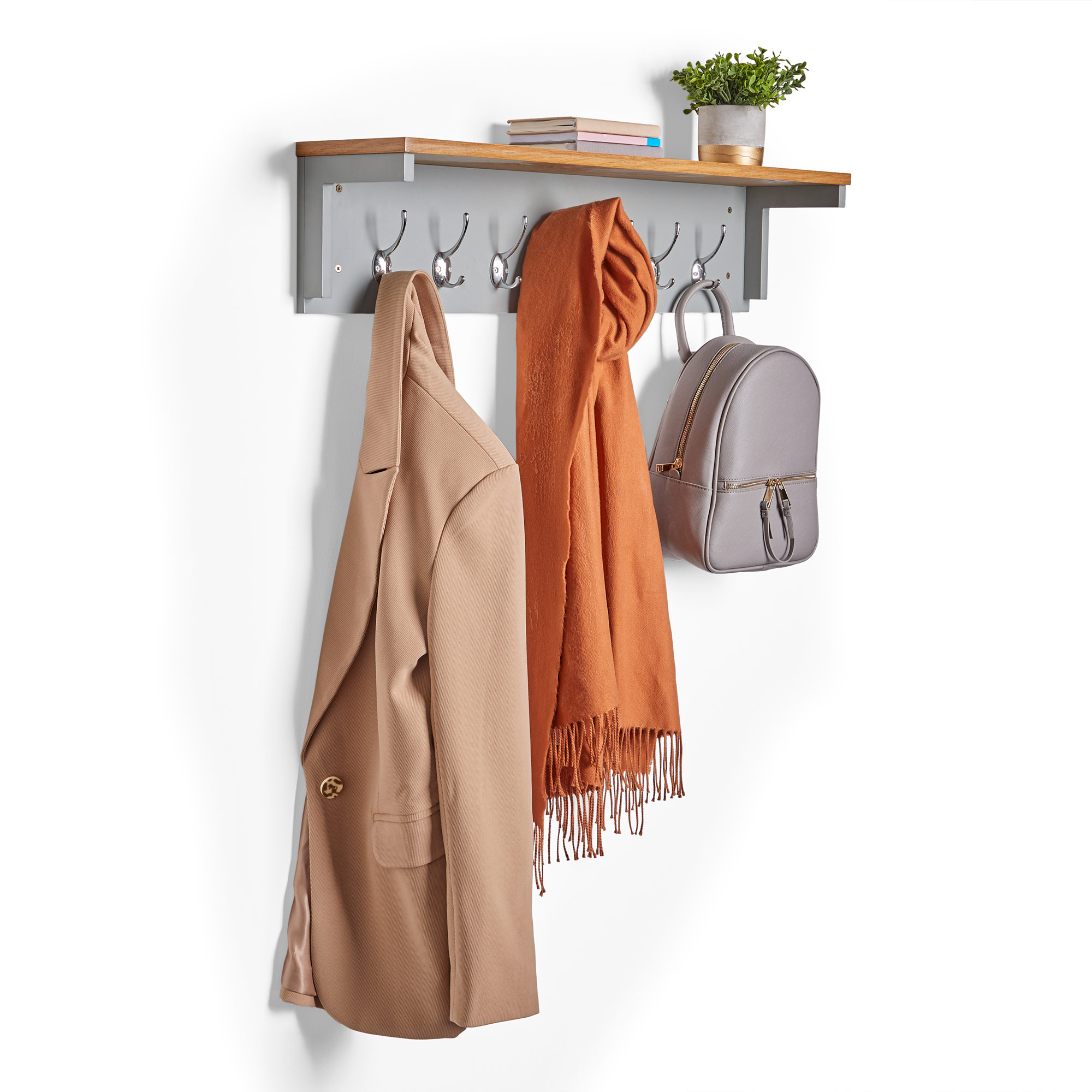 VonHaus Coat Hooks Wall Mounted with Shelf – Grey 7 Hook Coat Rack, 60kg capacity