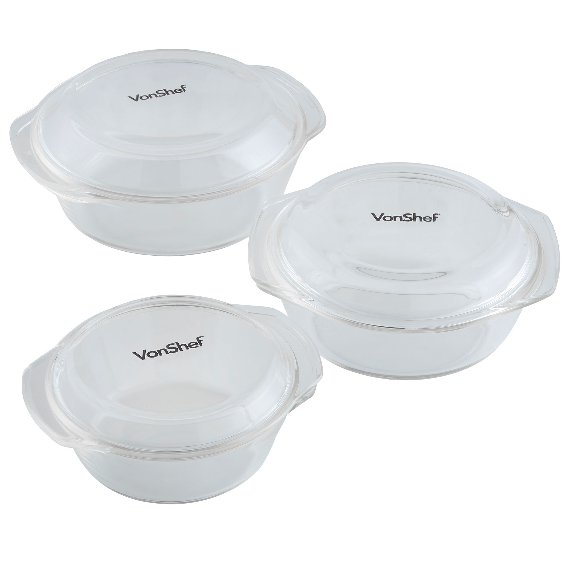 VonShef Set of 3 Glass Casserole Dishes with Lids Oven Proof Pots Bowls