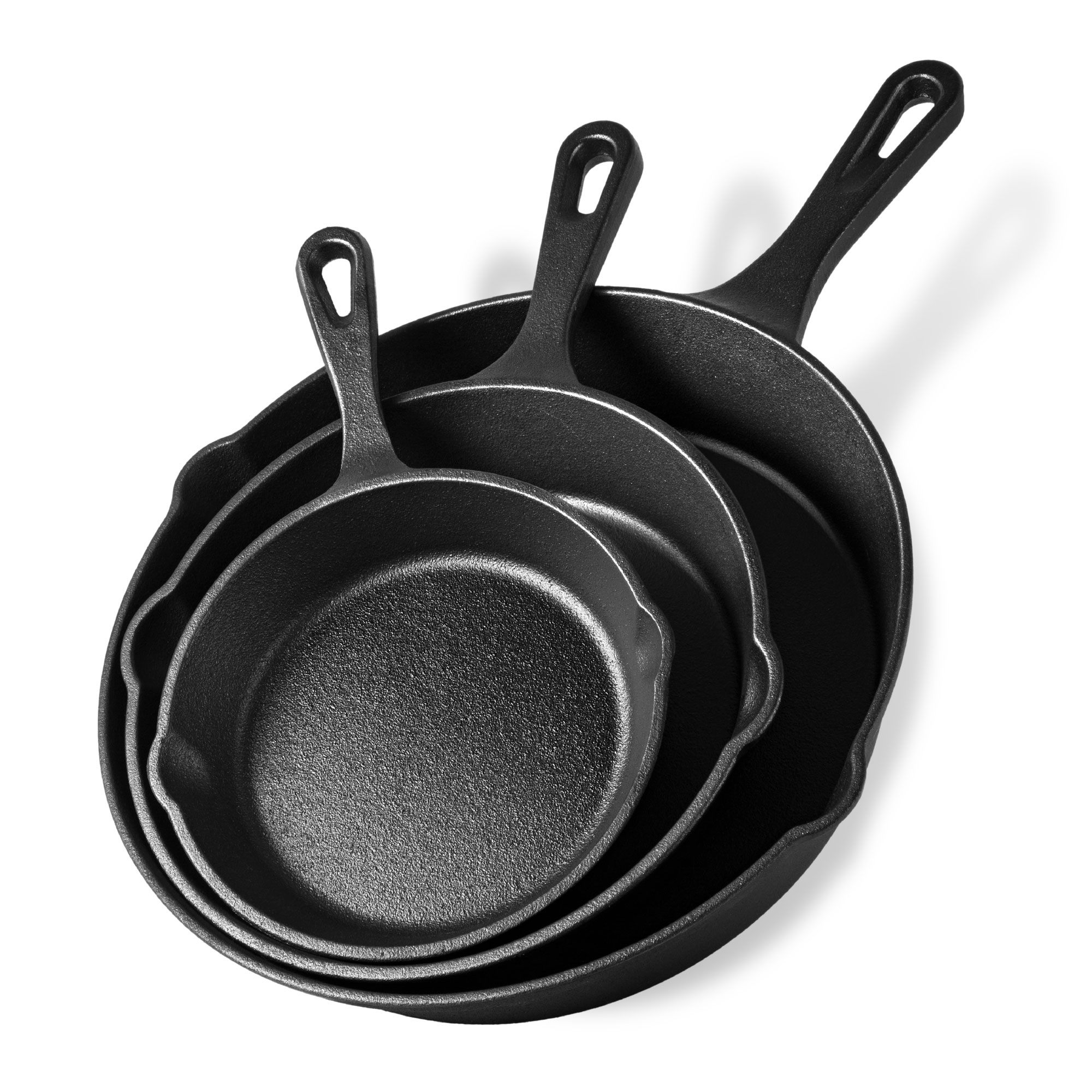 VonShef Black Pre-Seasoned Cast Iron 3 Piece Skillet Set