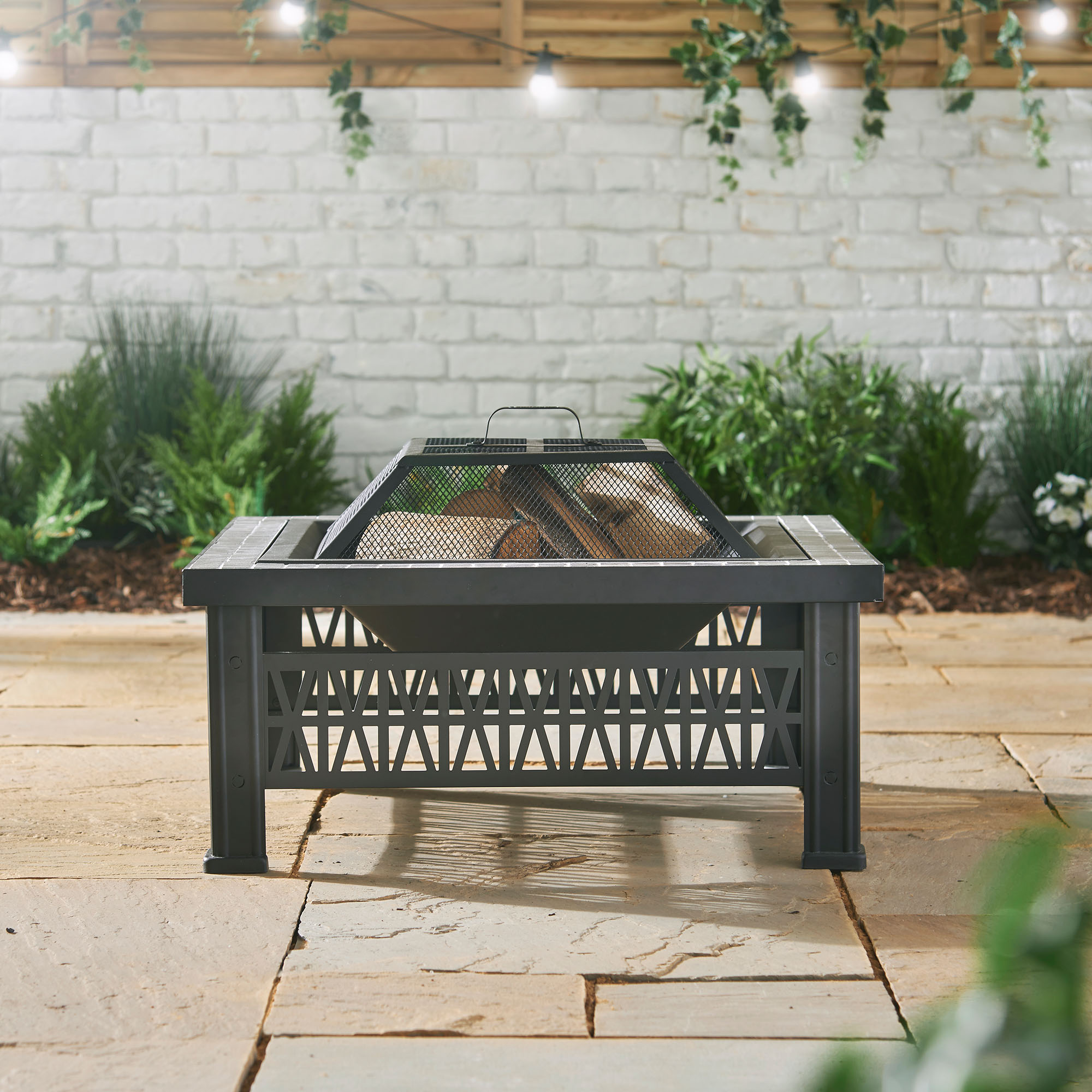 Vonhaus Square Fire Pit Tiled Top Geometric Details Mesh