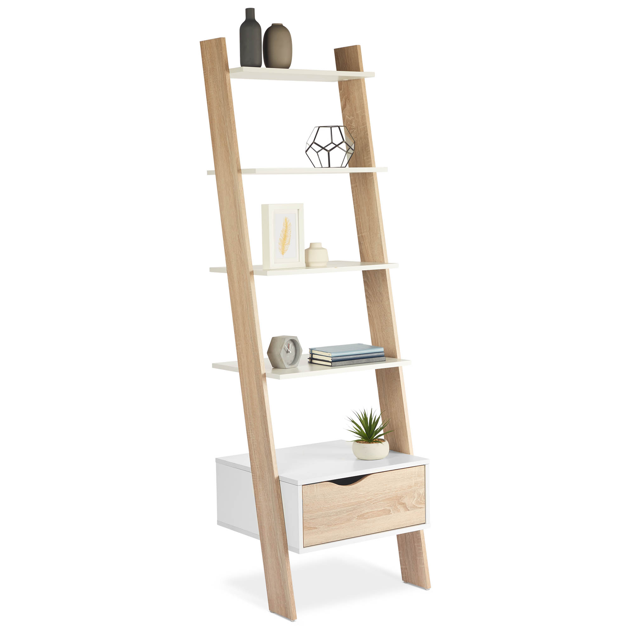Vonhaus Ladder Bookcase Scandinavian Nordic White And Light Oak