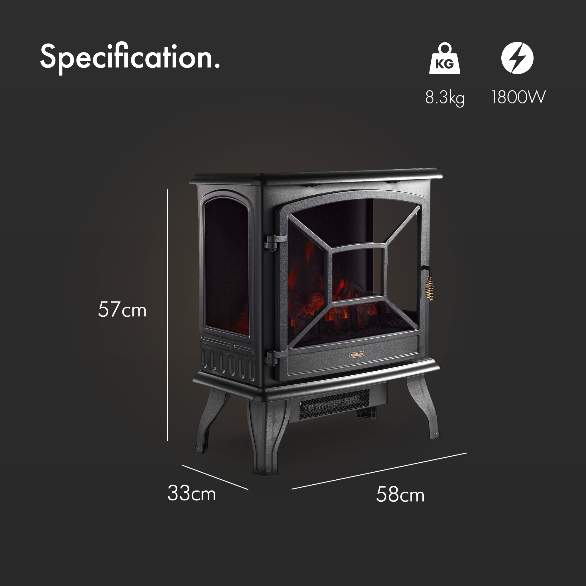 VonHaus Panoramic Electric Stove Heater Fireplace Fire Flame Effect