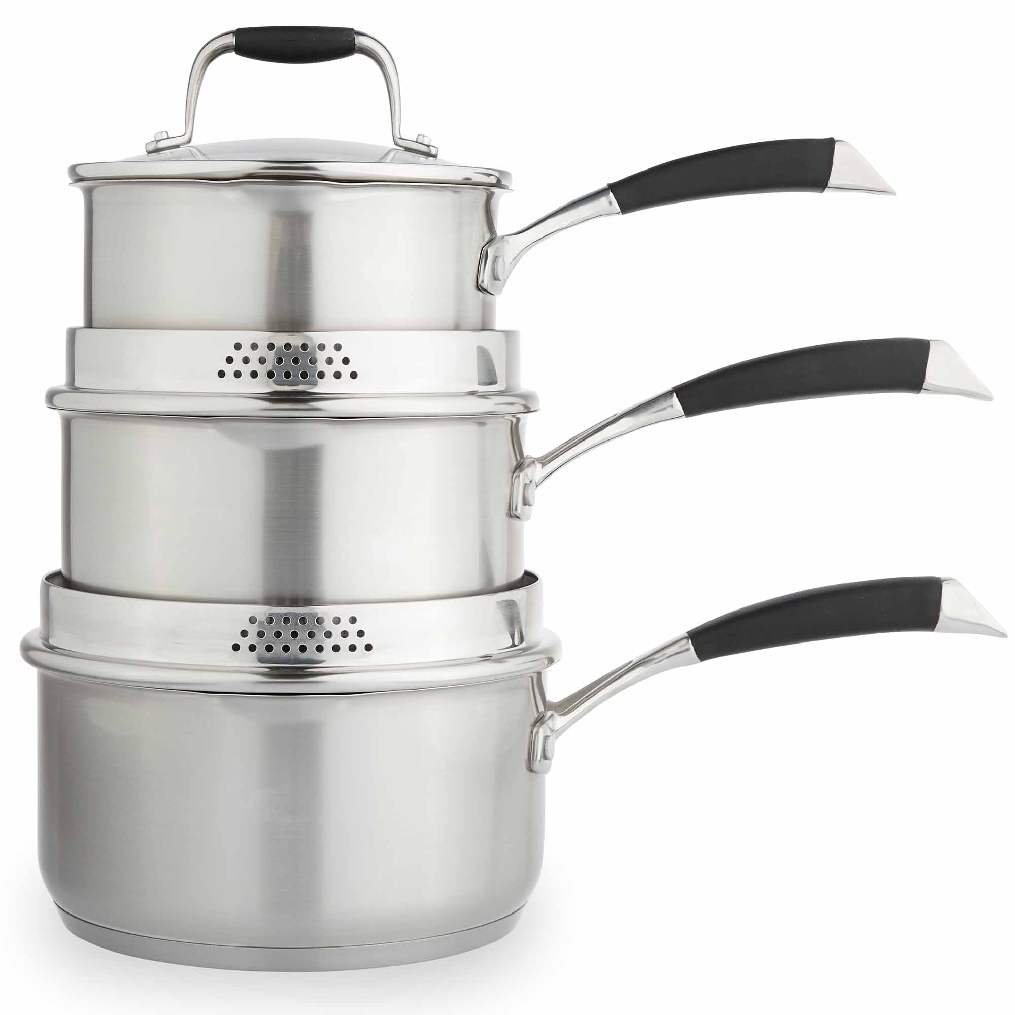VonShef 3pc Stainless Steel Pan Set with Lids Induction Dishwasher Safe