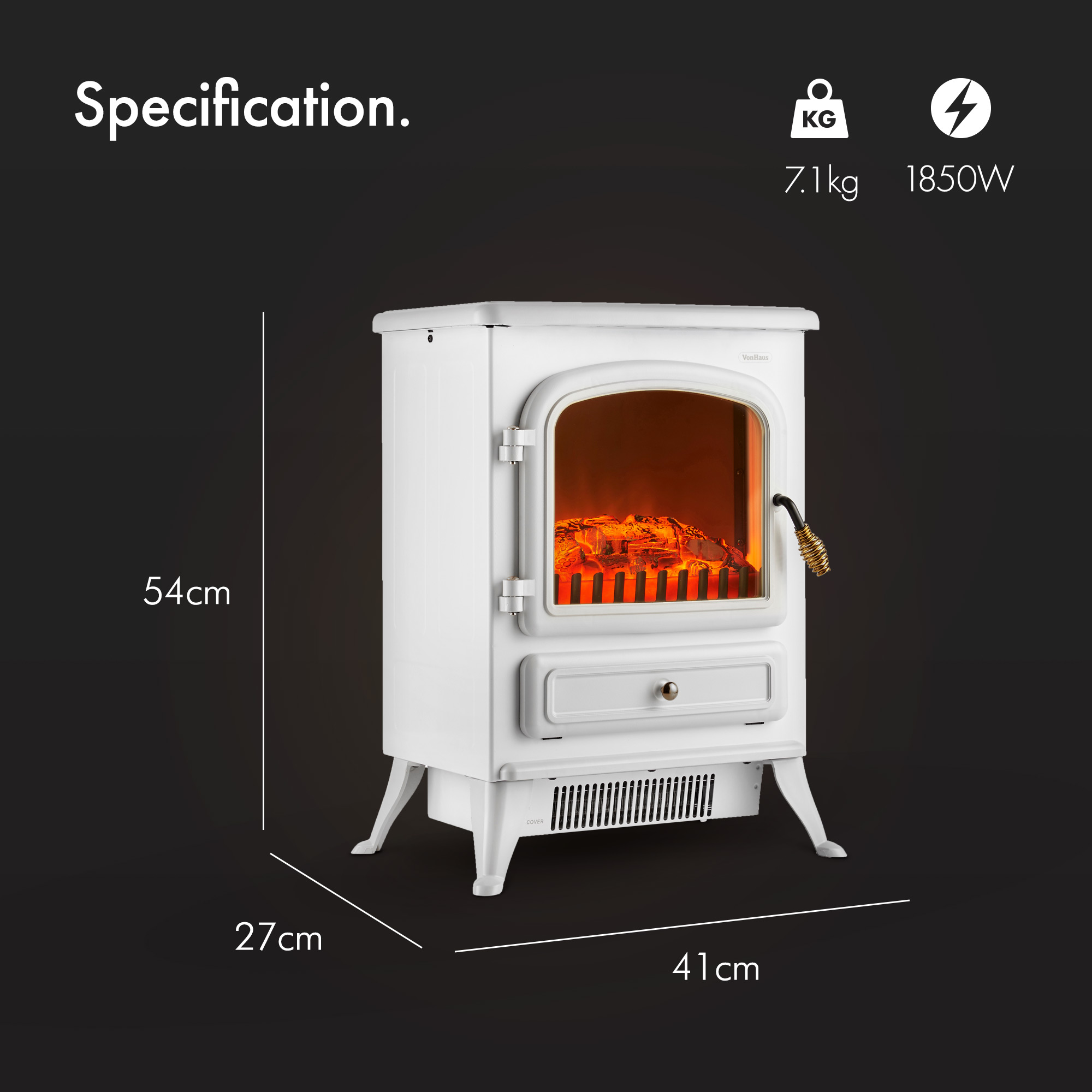 VonHaus 1850W Portable Electric Stove Heater Log Burning Effect