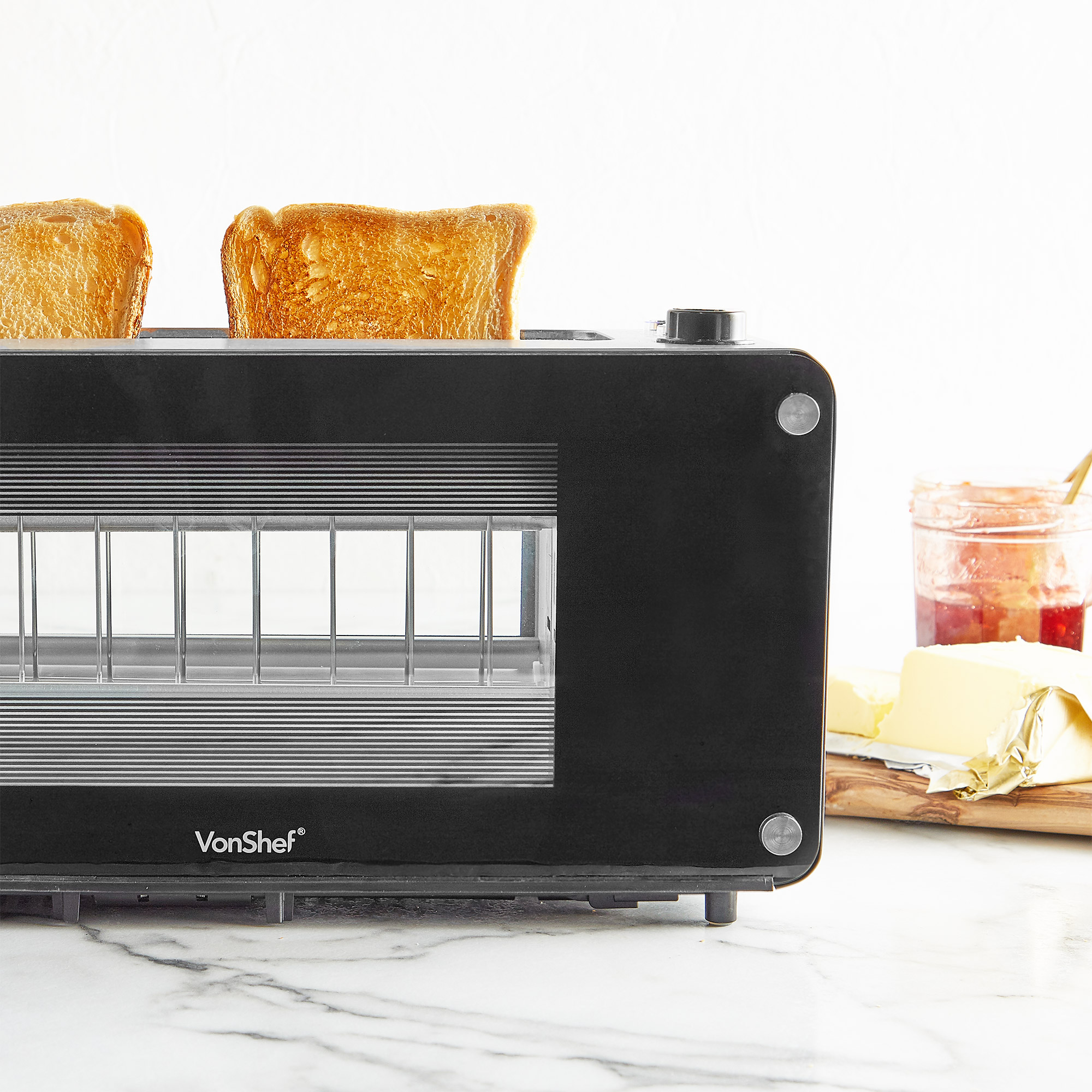 VonShef Glass Toaster 2 Slice Wide Slot Bagel Toast Electric Browning