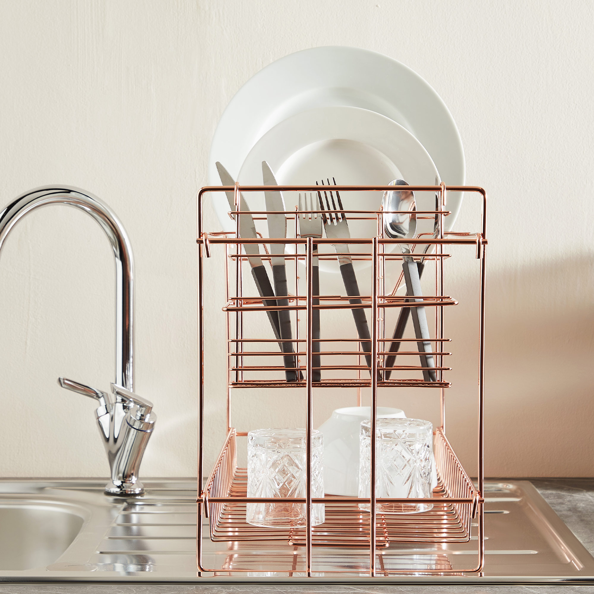VonShef Rose Gold / Copper Dish Drainer Stand Two Tier Rack Plates, Utensils 5056115729263