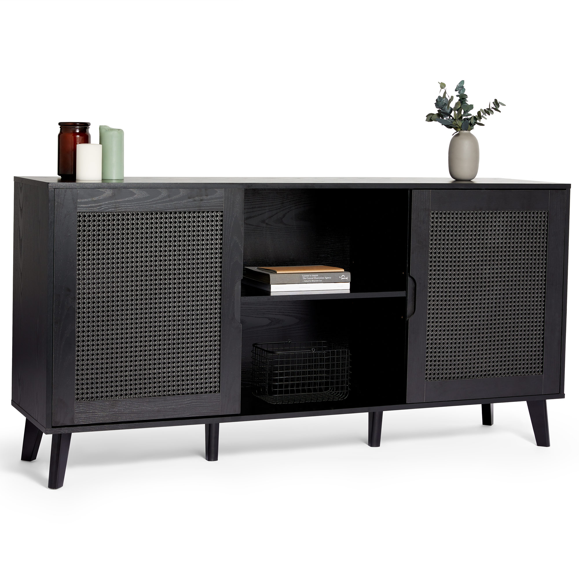 Wide Sideboard Cabinet Large Storage w/ 6 Shelves | Black Rattan | Spinningfield