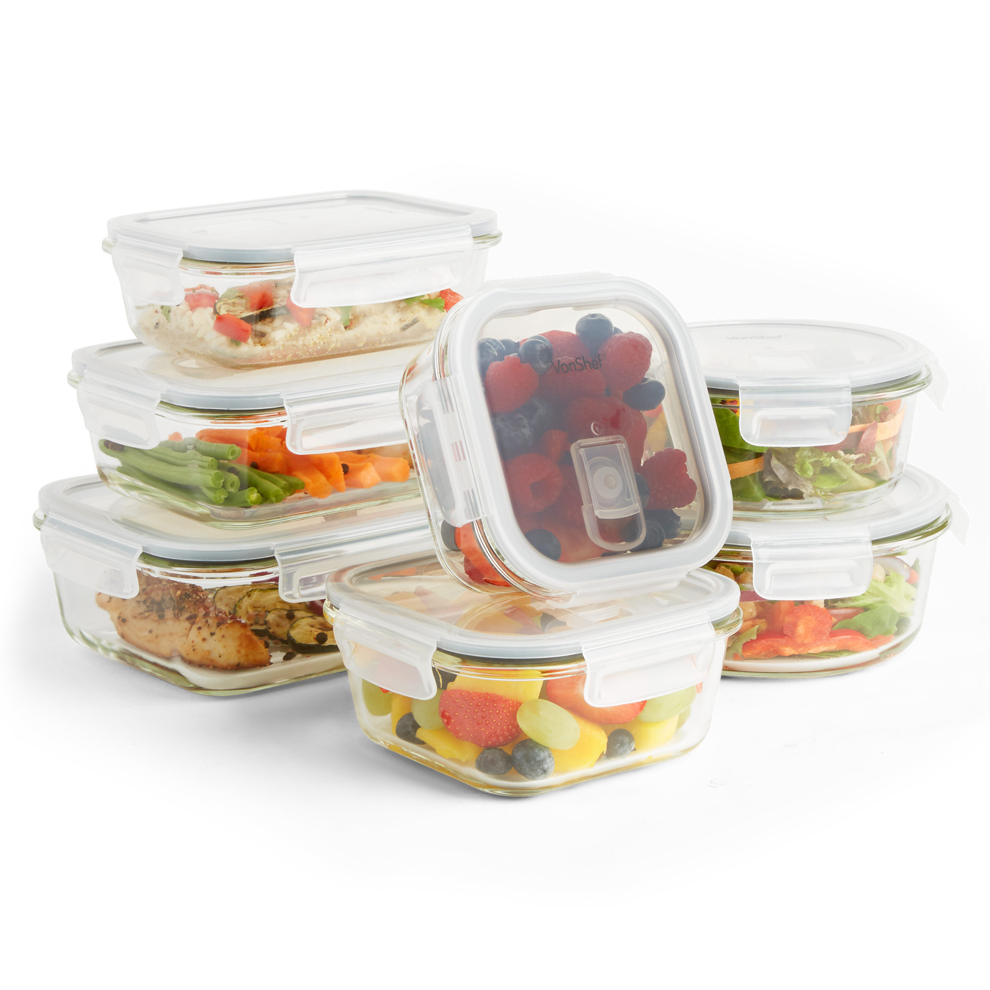 VonShef 7pc Glass Food Storage Containers & 7 Airtight Tupperware Clip ...