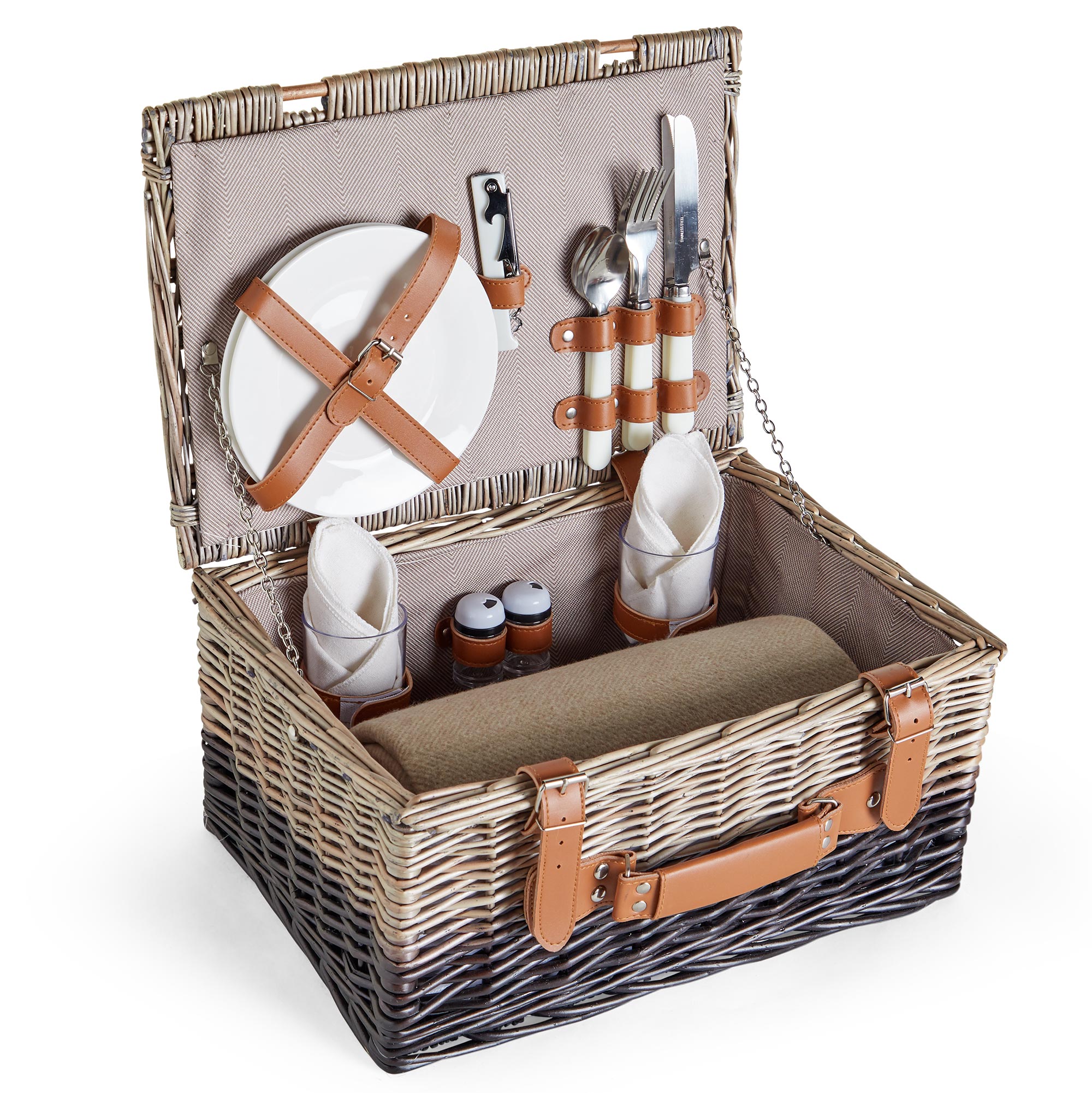 VonShef 2 Person Picnic Wicker Basket Set Cutlery Plates