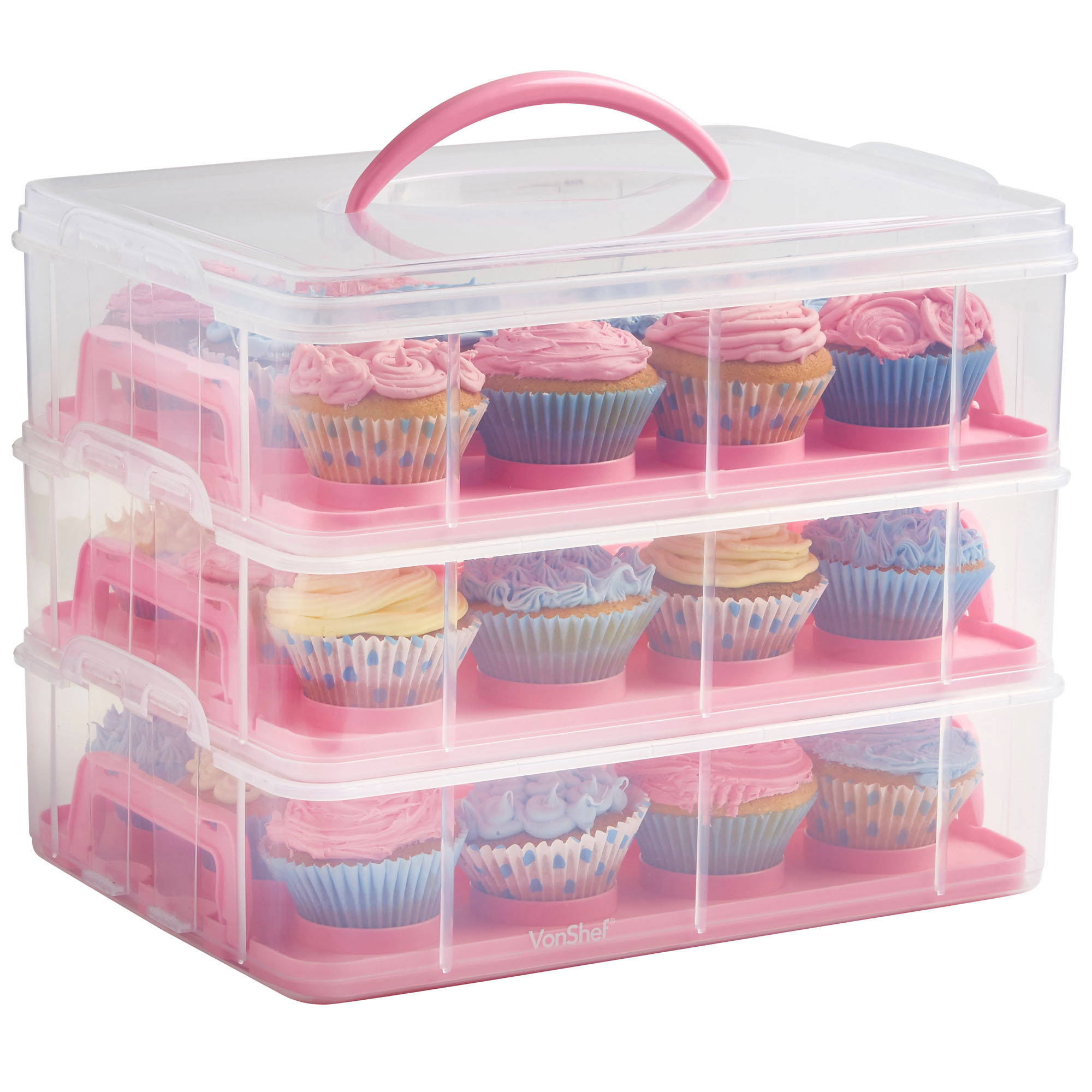 VonShef 3 Tier Pink Cupcake Holder and Cake Storage Carrier Box Container