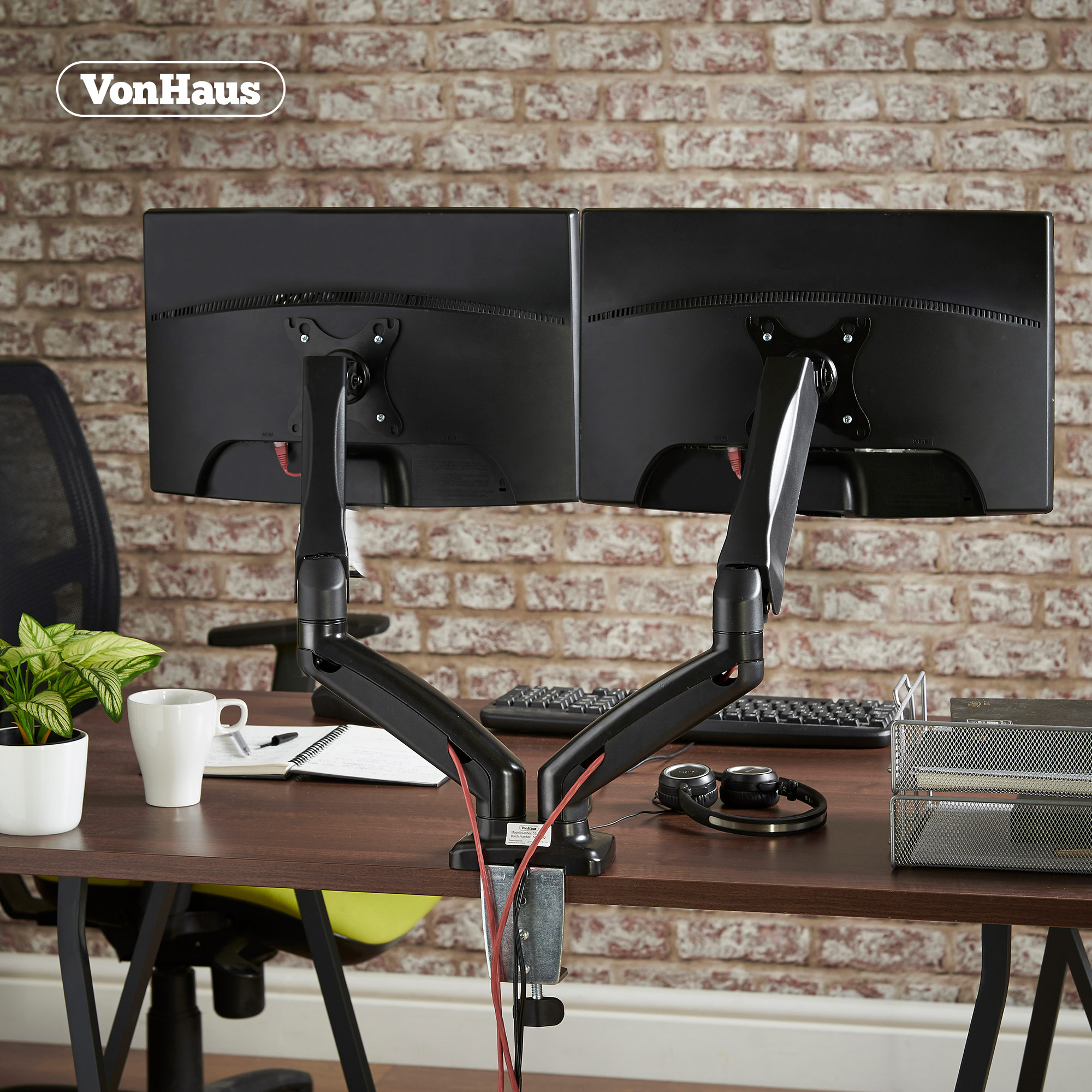 VonHaus Full Motion Dual Monitor Mount Double Arm Desk Clamp for 1327" Screens 5056115705175
