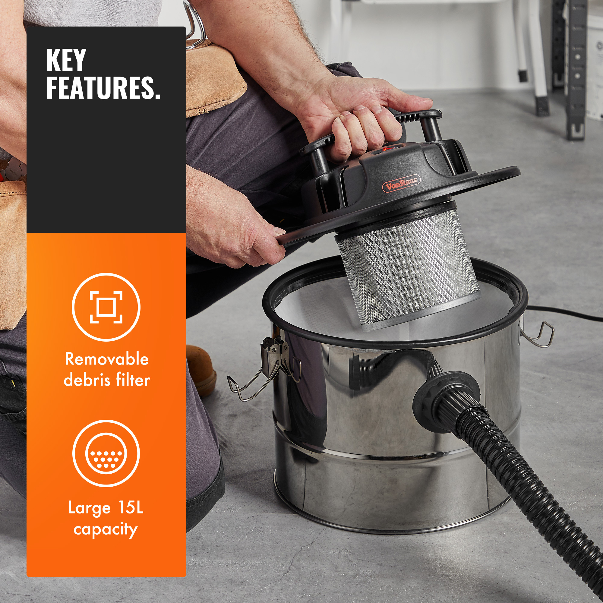 VonHaus 15L Ash Vacuum Cleaner 800W Includes Protective Gauze