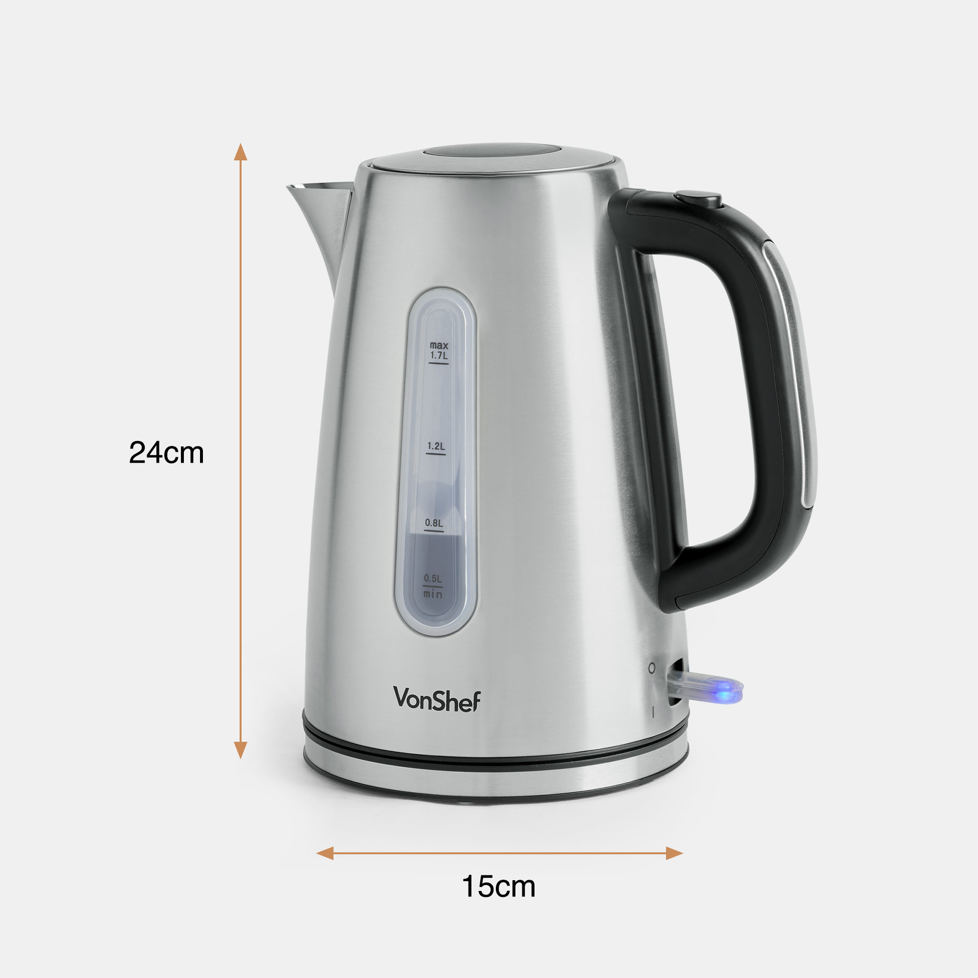 VonShef Kettle 1.7L Electric Stainless Steel Cordless Rapid Fast Boil