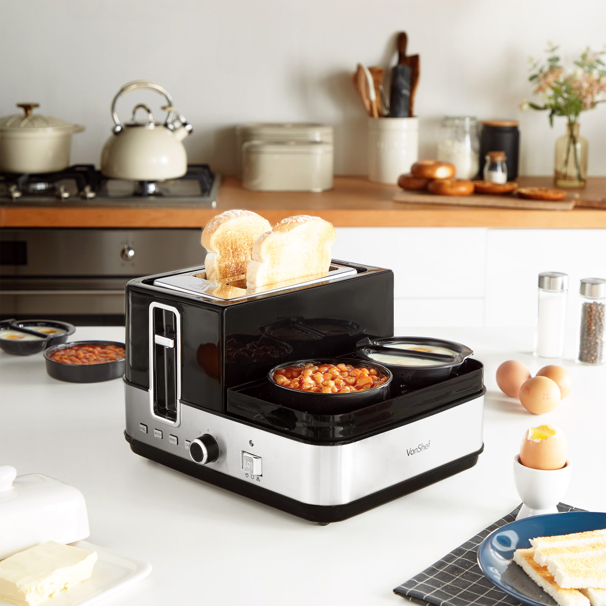 VonShef Egg Boiler & Toaster Poacher Steamer 2 in 1 Multi Cooker