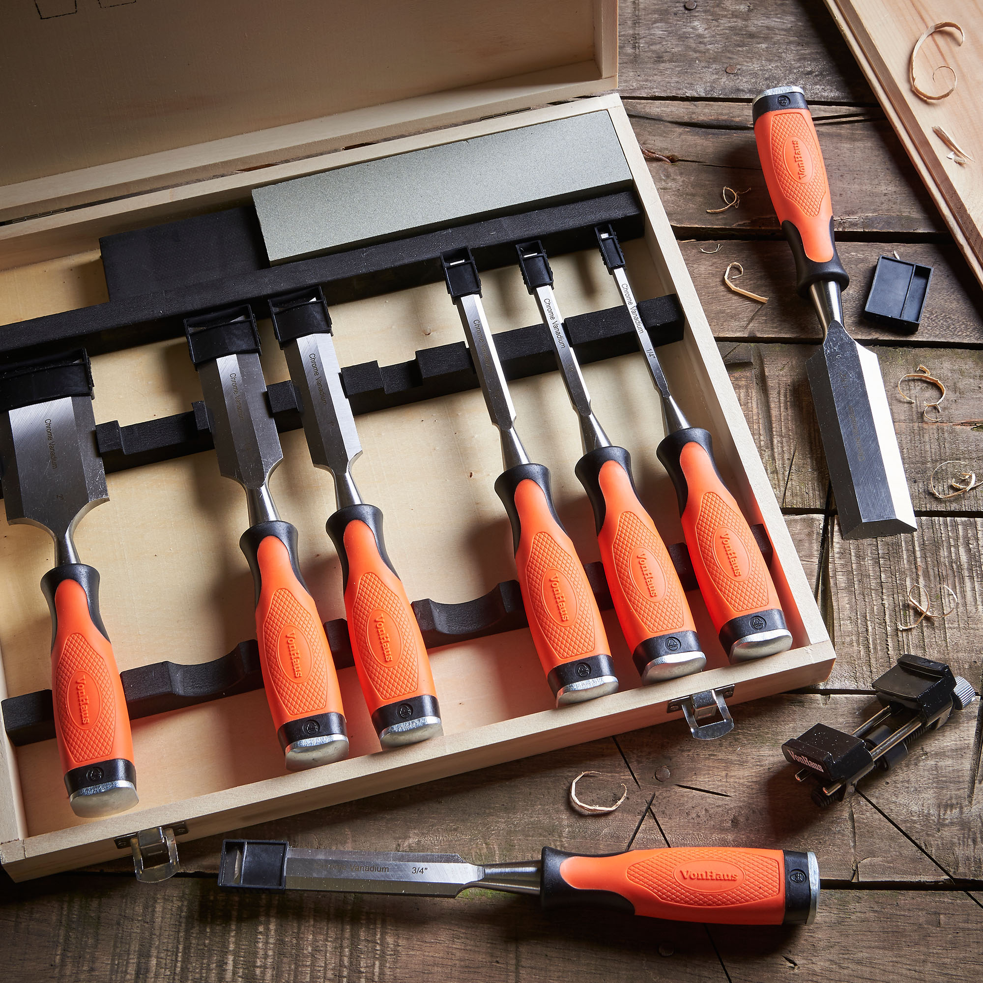 VonHaus 10pc Professional Wood Carving Chisel Set Sharpening Stone Case