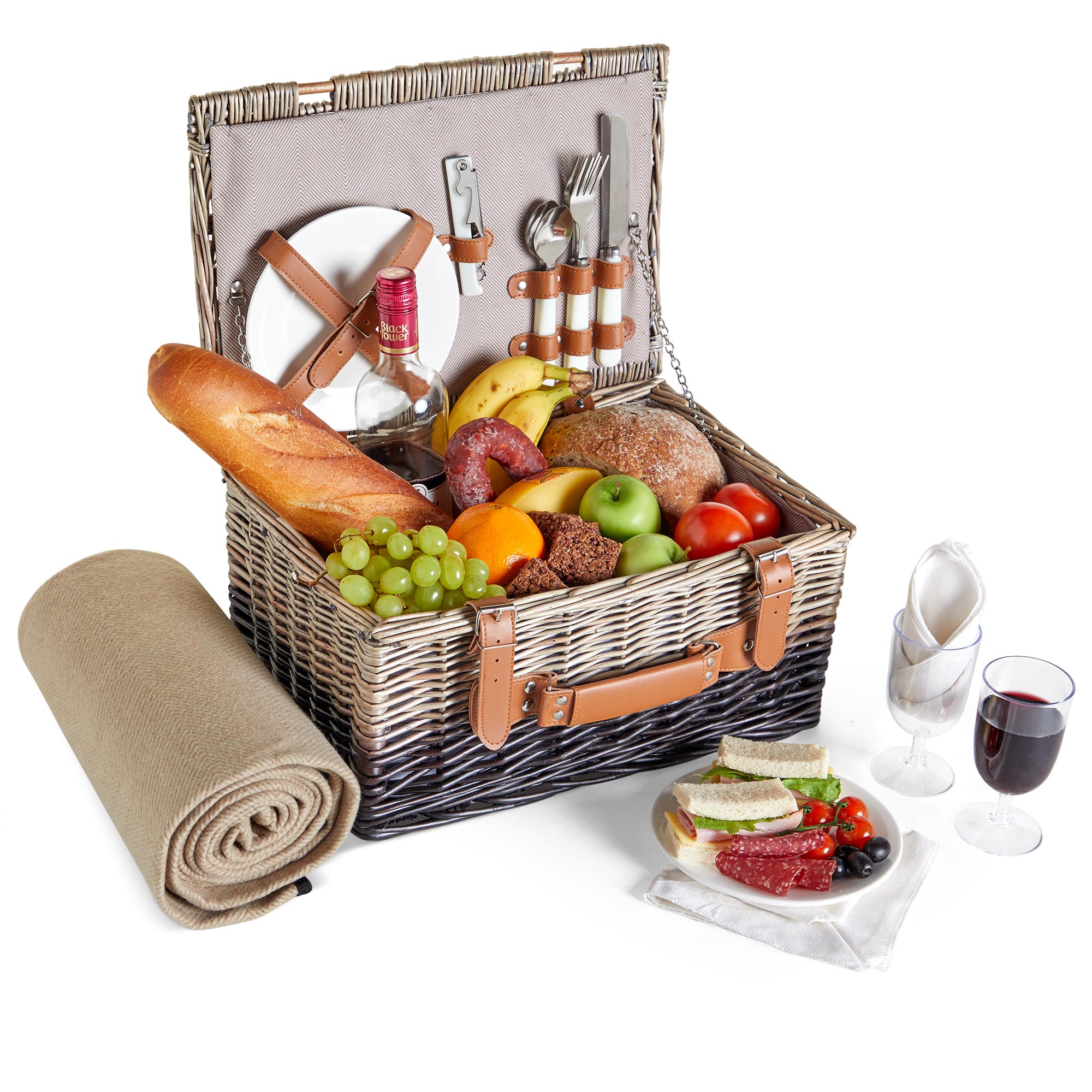 VonShef 2 Person Picnic Wicker Basket Set Cutlery Plates Wine Glasses
