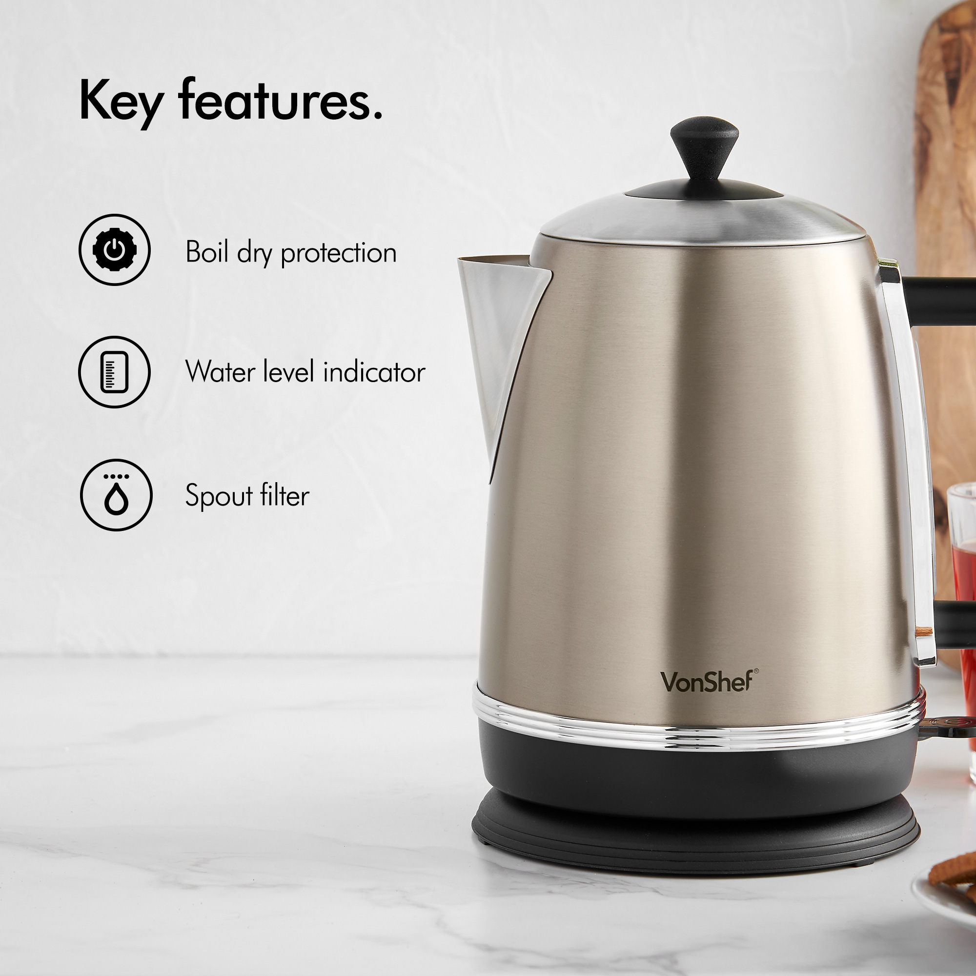 VonShef Kettle Stainless Steel 1.7L Electric 2000W Cordless Tea Jug