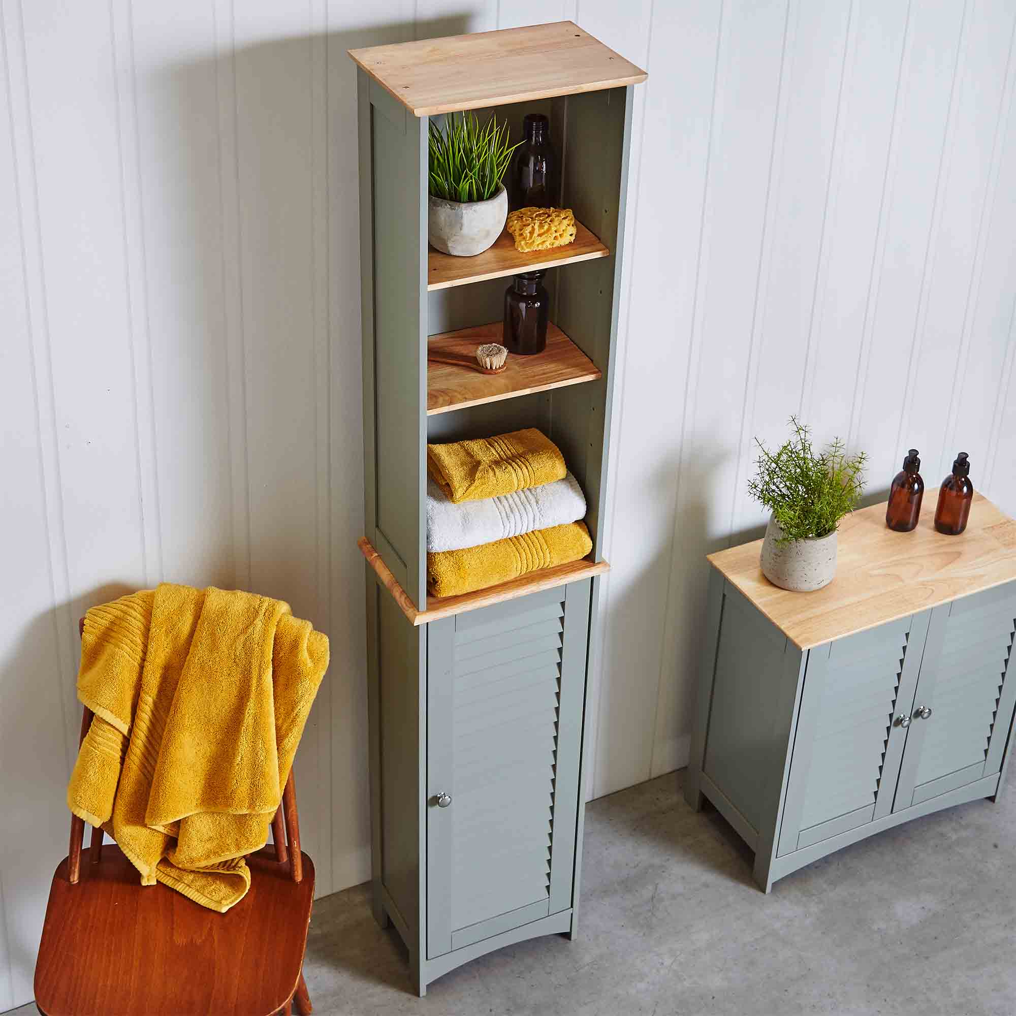 VonHaus Tall Bathroom Grey Wooden Tallboy Storage Cupboard w