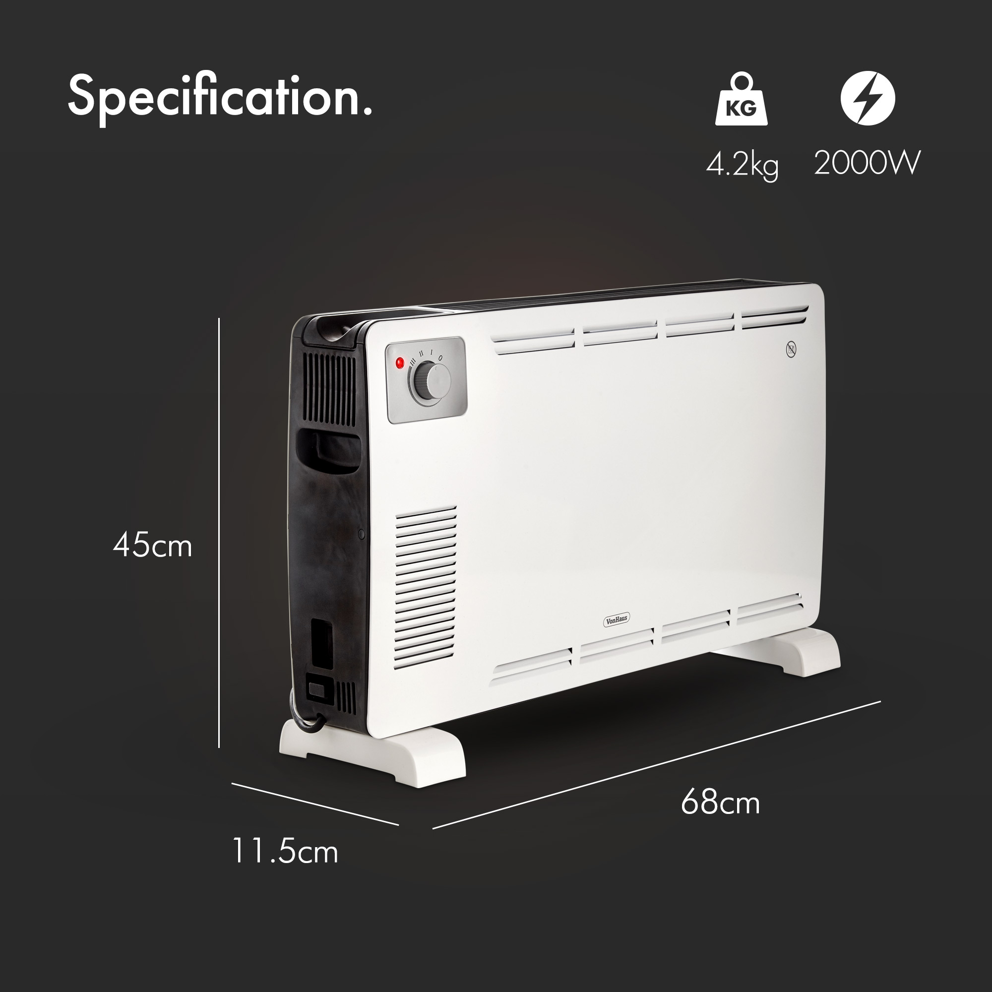 VonHaus 2KW Electric Convector Heater With 3 Heat Settings ...