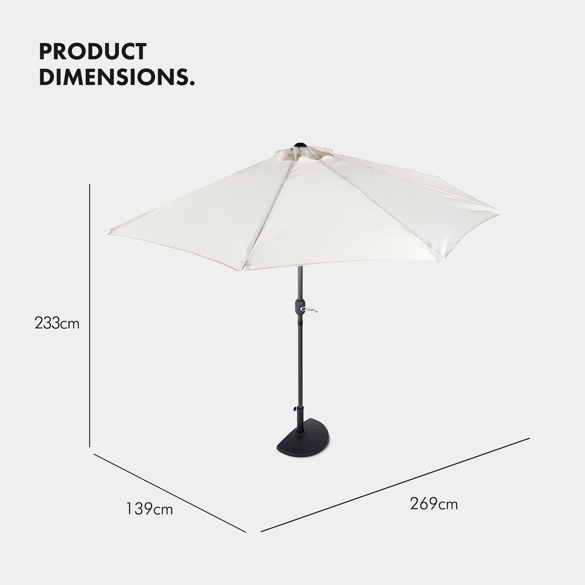 VonHaus Half Round Parasol Against the Wall Crank Function UV30