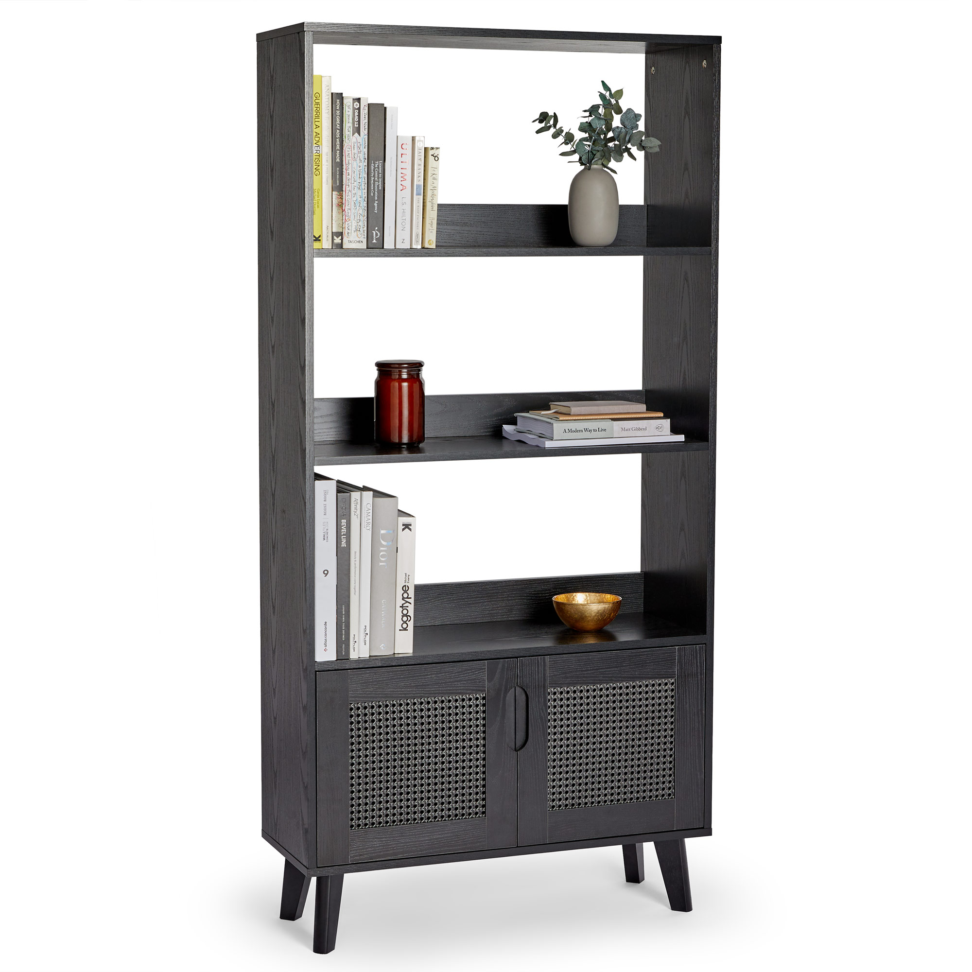 Bookcase Shelving Display Storage Unit Bookshelf | Black Rattan | Spinningfield 