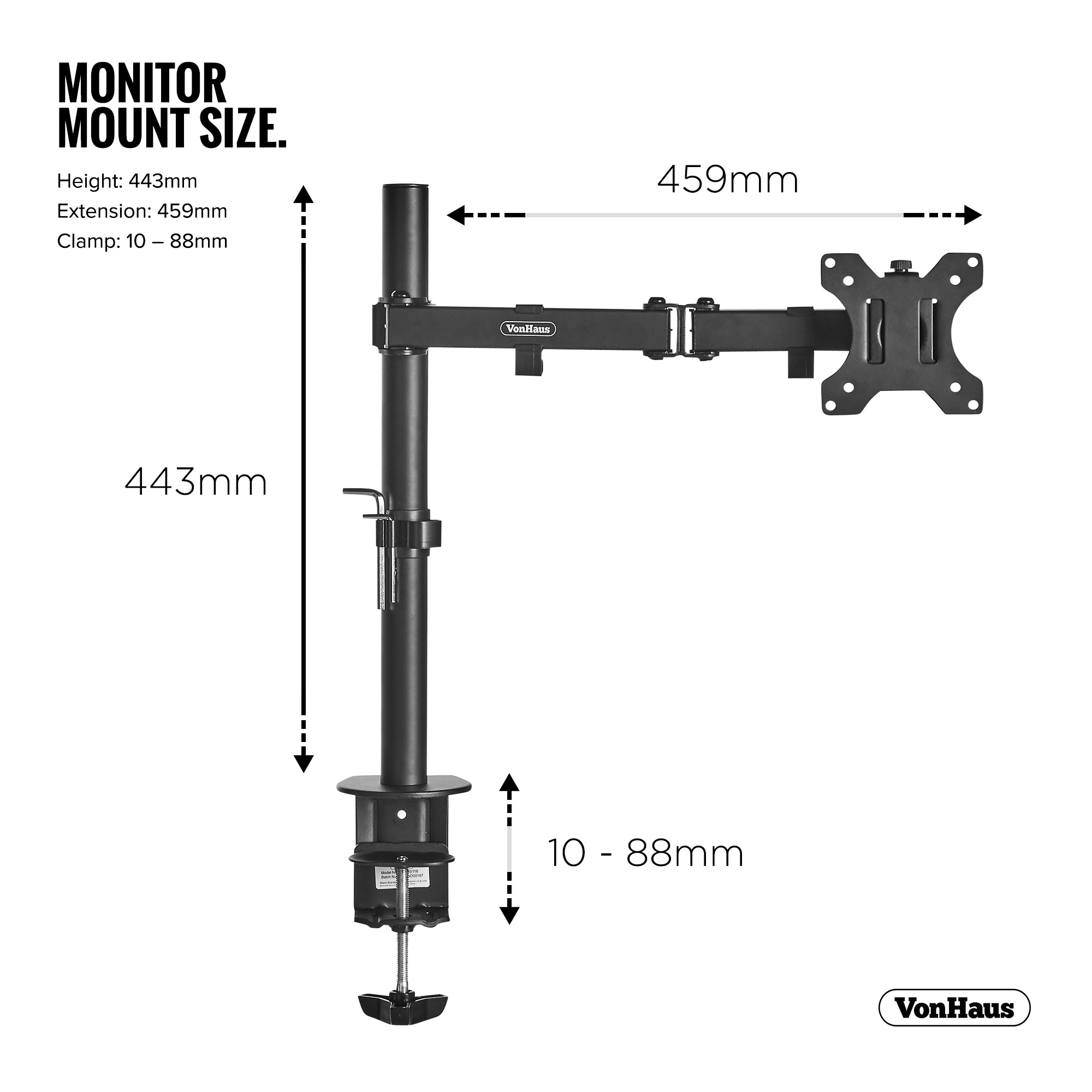 VonHaus Monitor Mount Single Arm Desk Clamp Stand for 1332" VESA