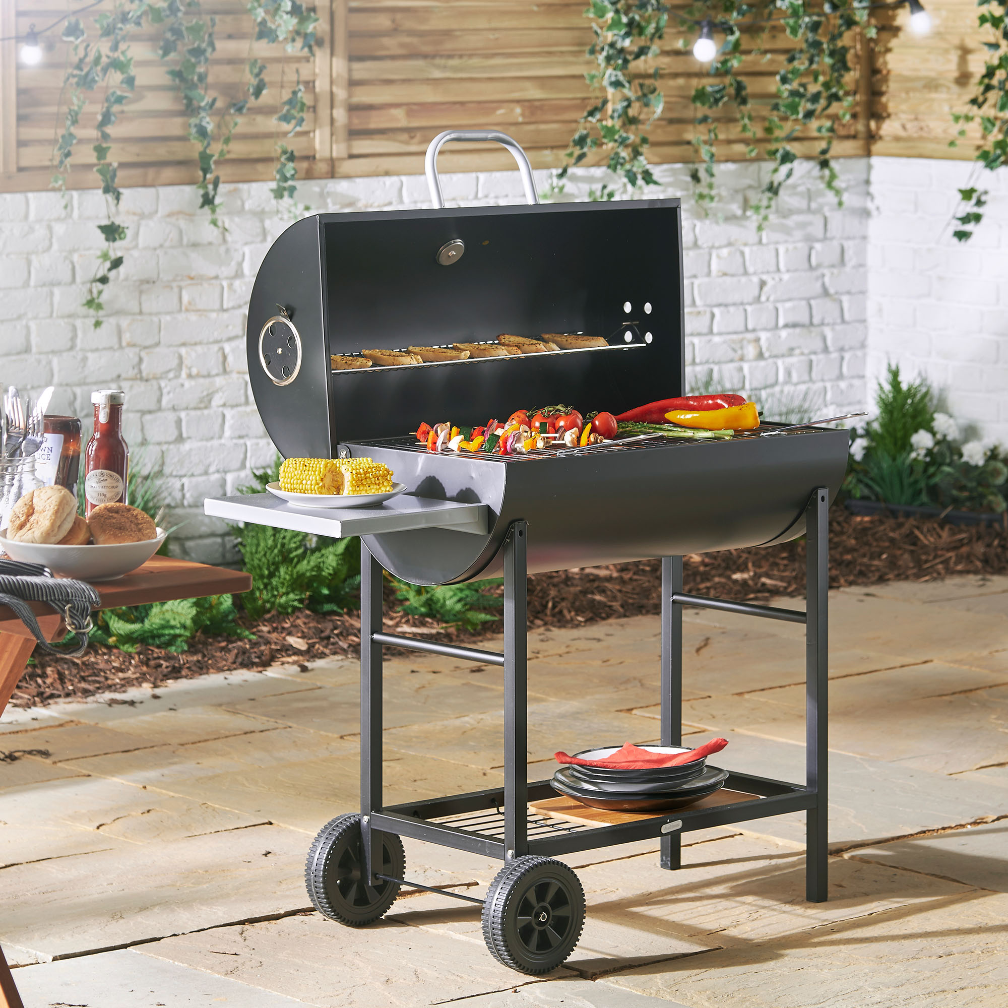 VonHaus 105cm Charcoal Barrel BBQ with Side Table – Garden Patio Smoker ...