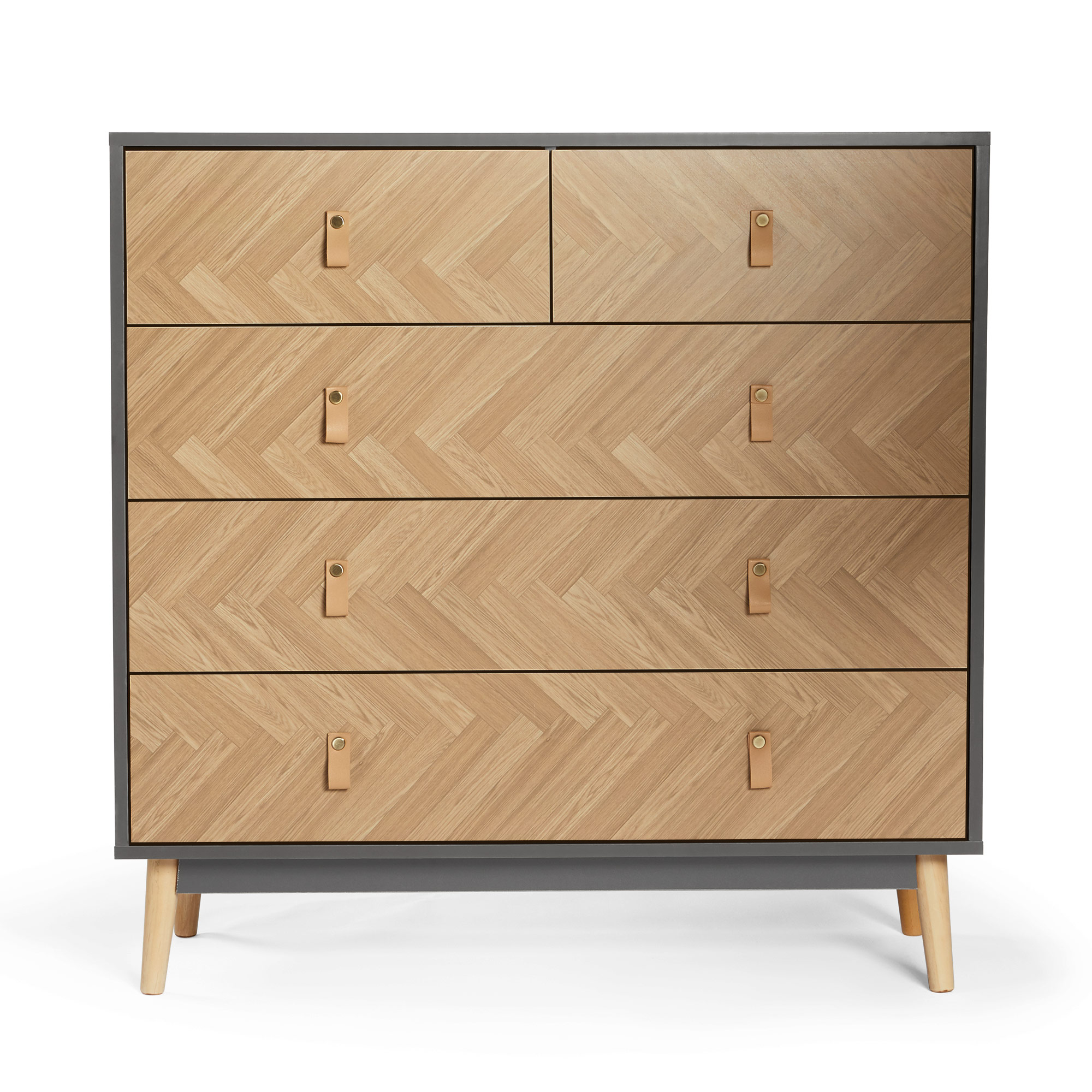 VonHaus Chest of Drawers Herringbone 5 Drawer Dresser, Grey & Wood