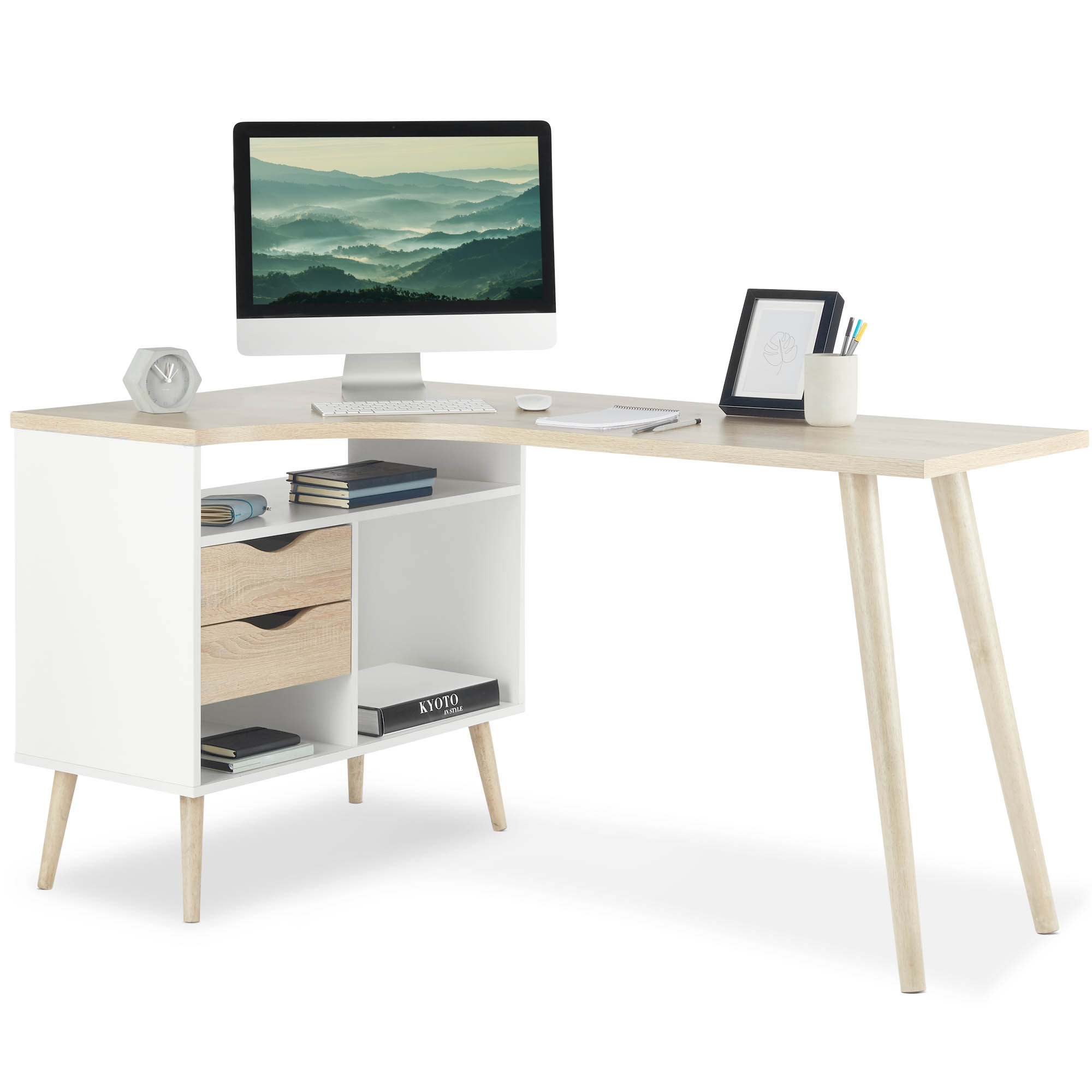VonHaus L-Shaped Computer Desk Scandinavian Nordic Style - White and Light Oak Effect Corner Workstation