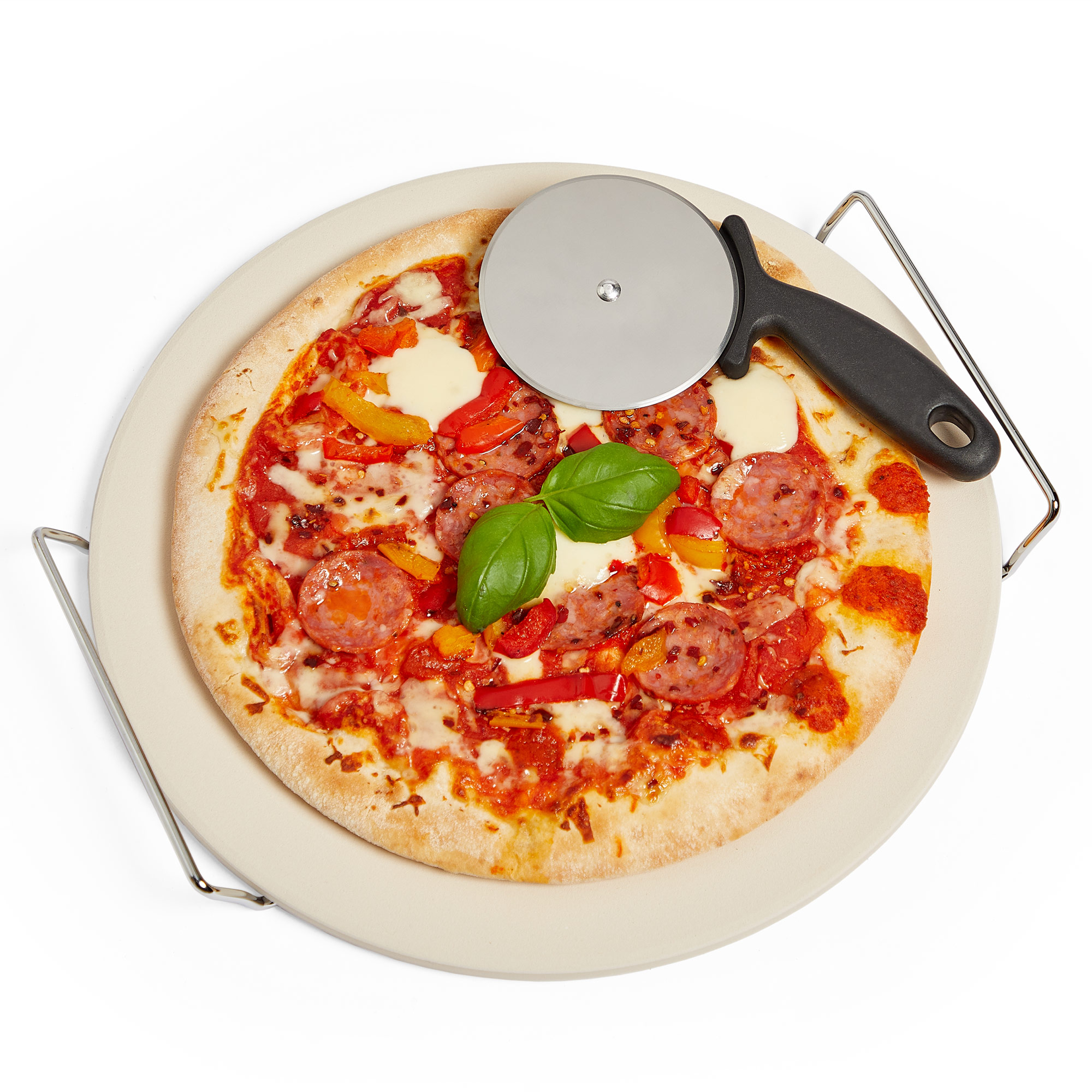 VonShef Ceramic Pizza Baking Stone Set Chrome Stand 33cm + FREE Pizza Cutter