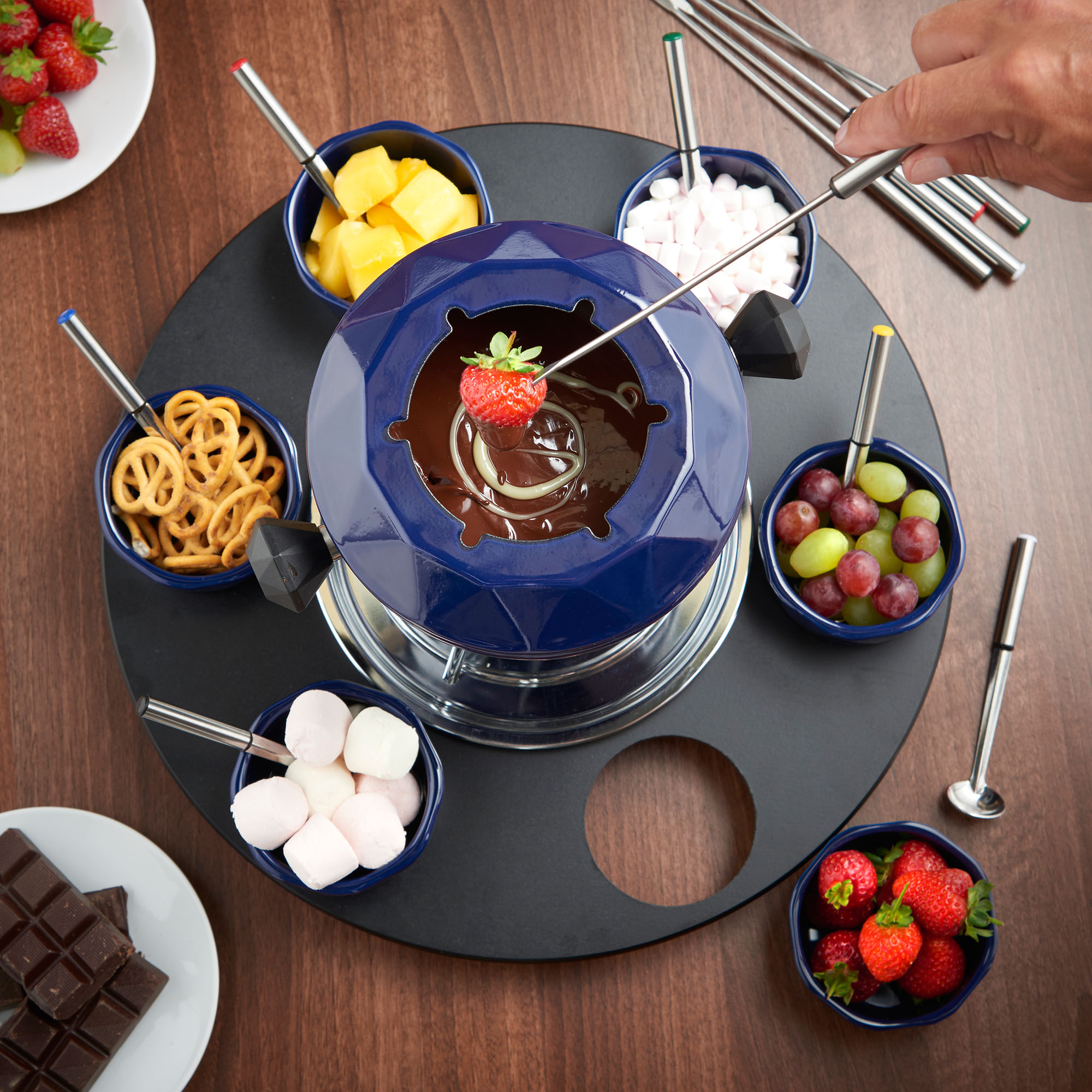 VonShef Rotating Cast Iron Fondue Party Set with Enamel Finish Blue
