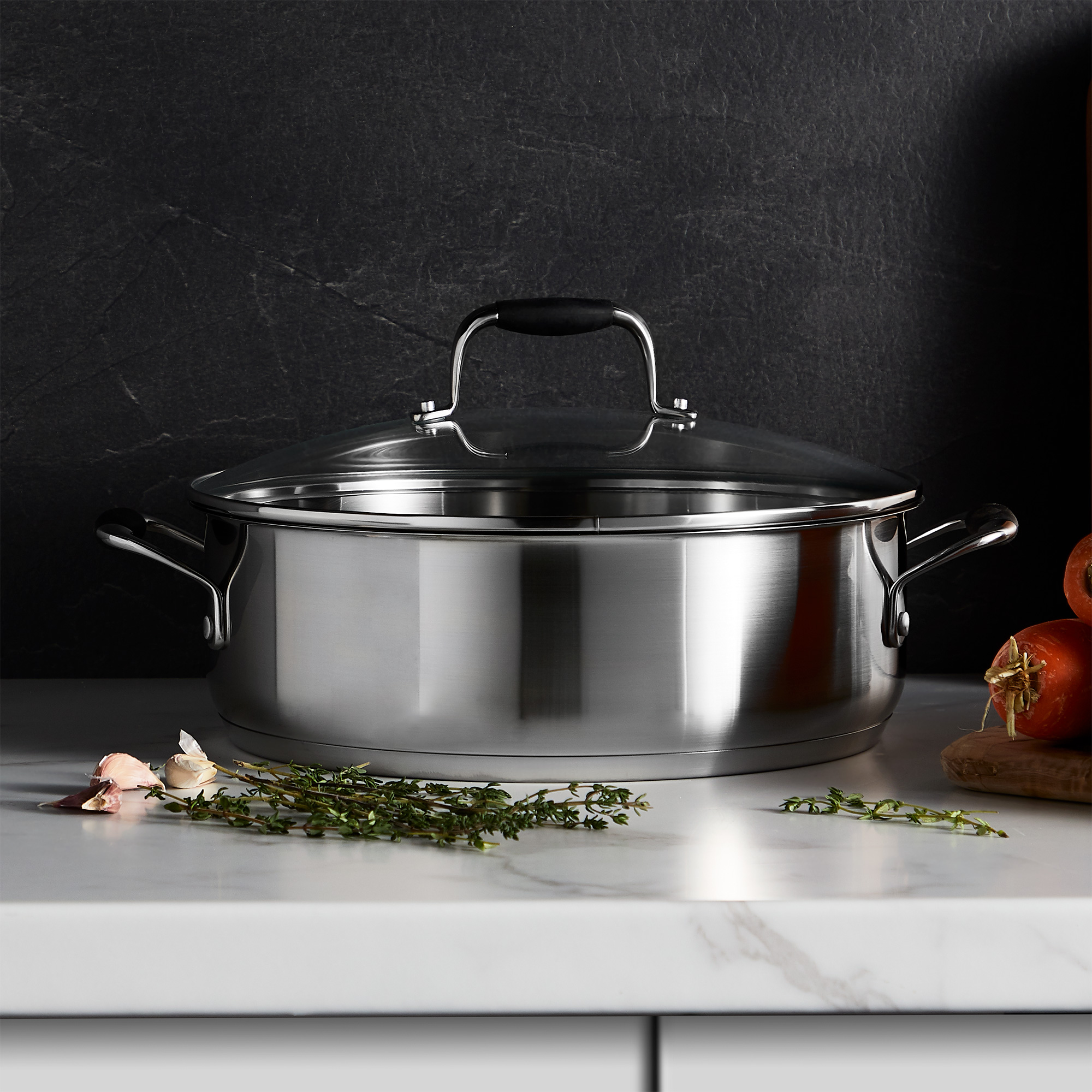 VonShef 28cm Shallow Casserole Dish Stainless Steel Pan Stock Pot Glass