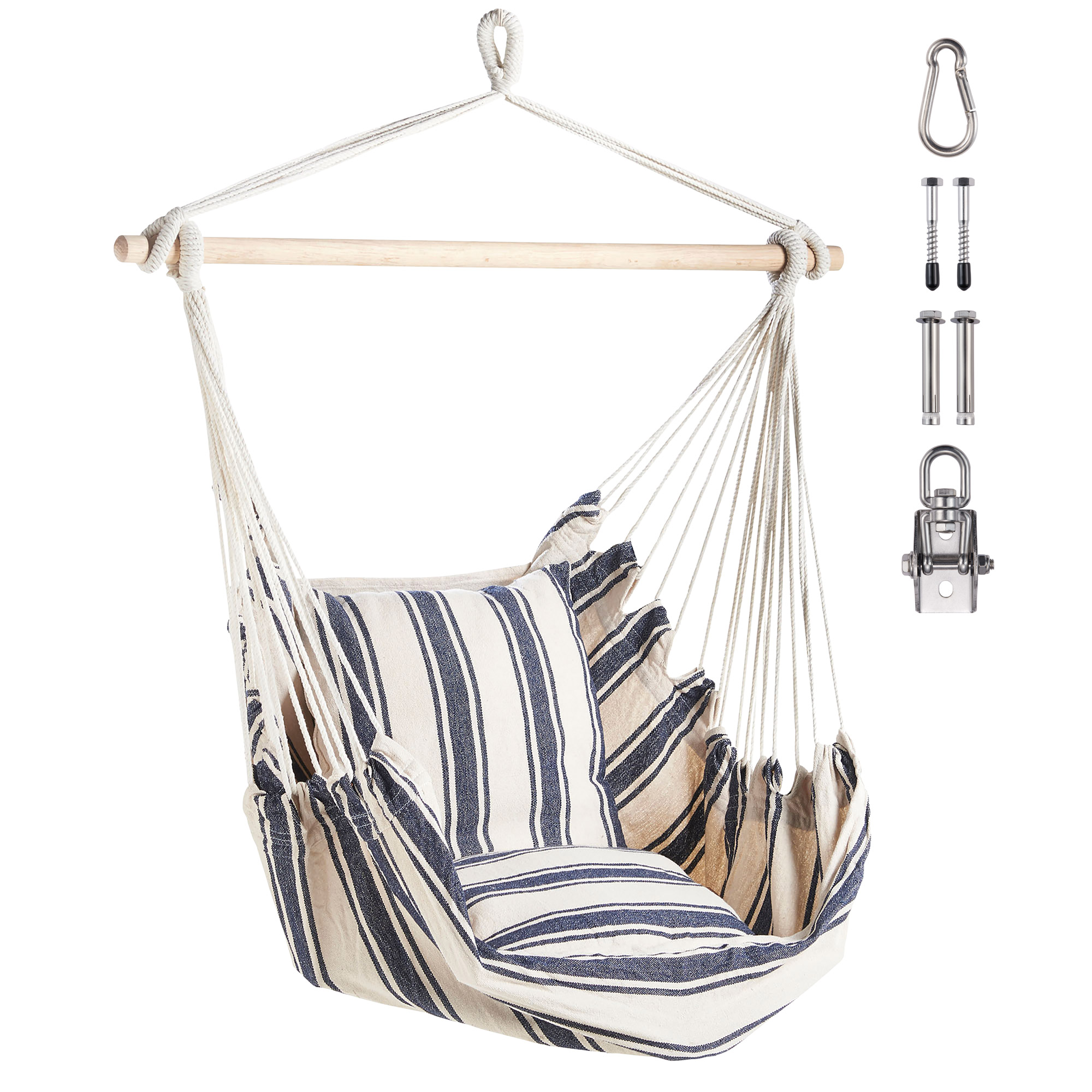 VonHaus Striped Hanging Chair - 100% cotton Outdoor Swinging Cloth with Cushioned Seat & Attachments