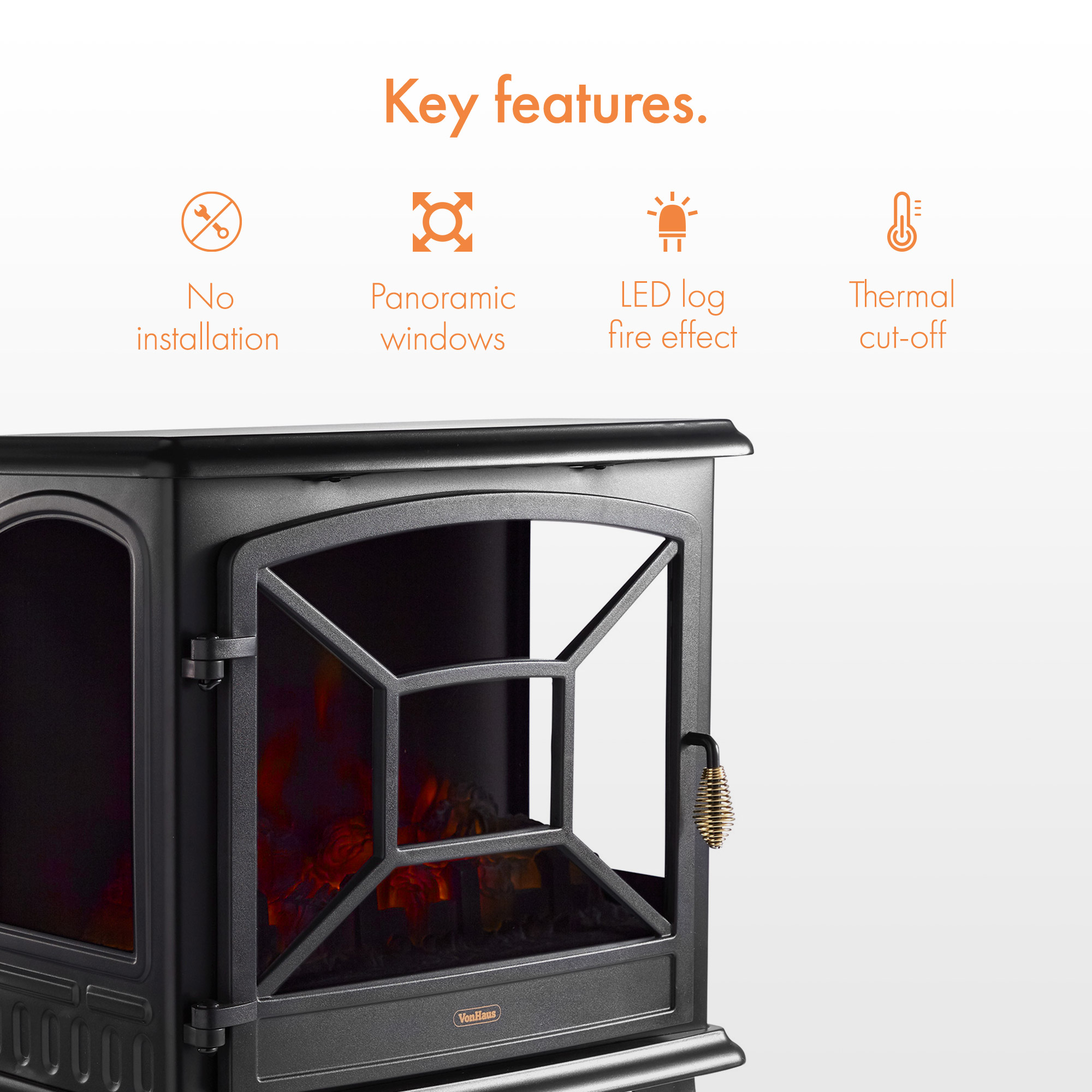 VonHaus Panoramic Electric Stove Heater Fireplace Fire Flame Effect