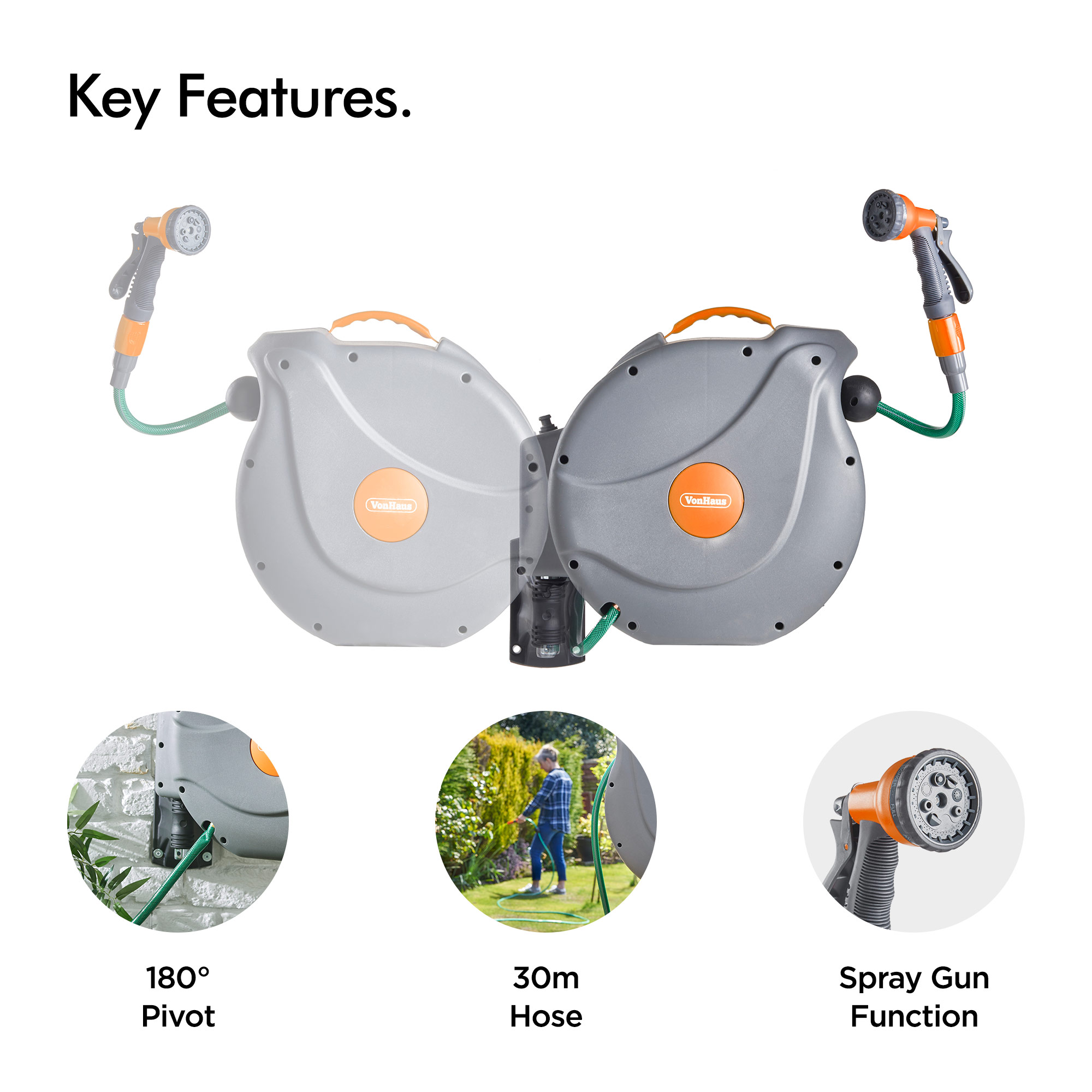 VonHaus 30M Garden Hose Auto Rewind WallMounted Reel 8Function