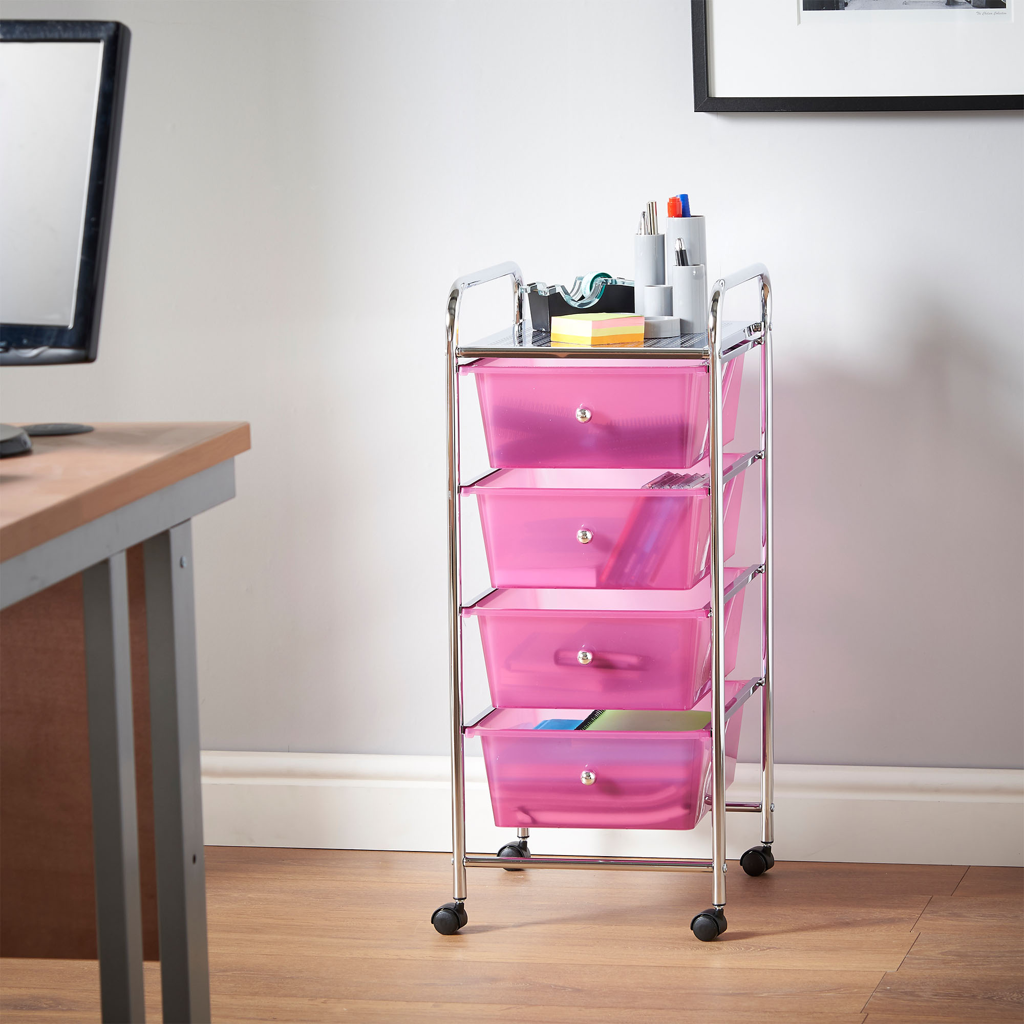 VonHaus Pink 4 Drawer Make Up Mobile Home Office Beauty Salon Storage ...