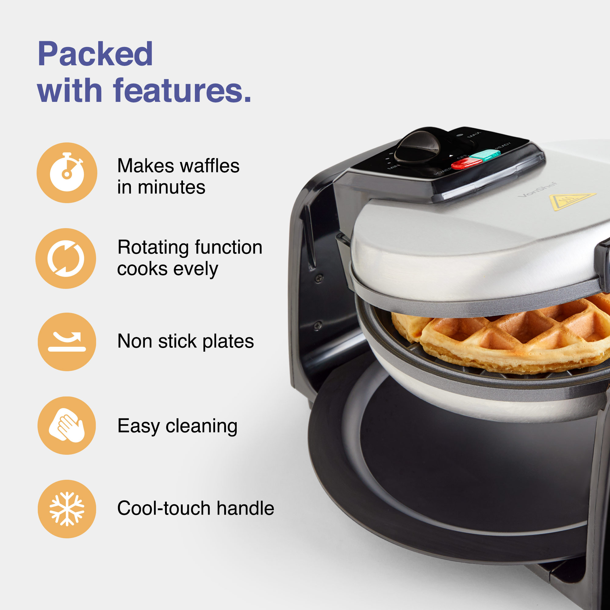 VonShef Rotary Waffle Maker NonStick Plates Adjustable Temperature