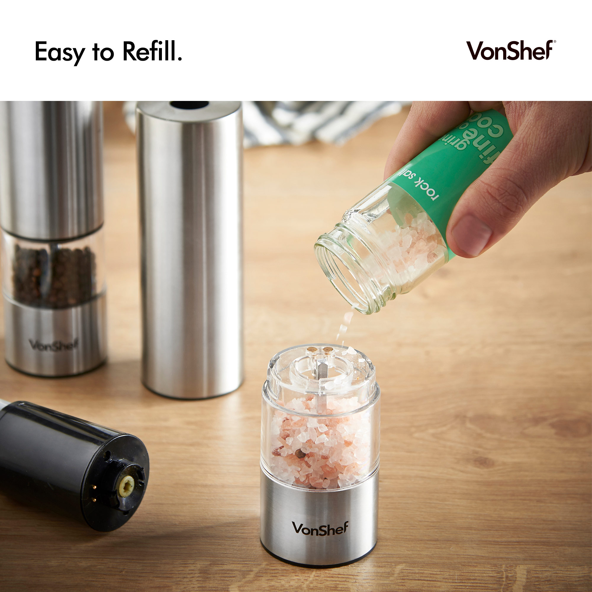 VonShef 2pc Electric Salt & Pepper Mills Push Button Operation, Easy
